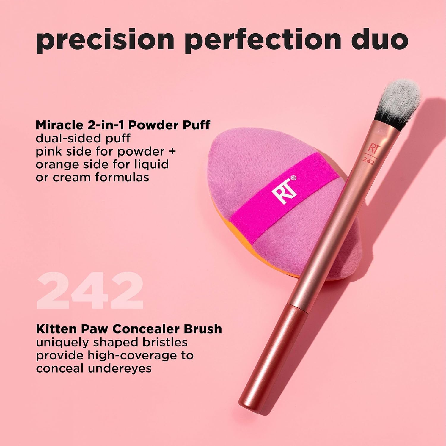 Real Techniques Precision Perfection Duo, Viral Kitten Paw Concealer Brush & Dual-Sided Powder Puff For Powder & Foundation, Travel Friendly Makeup Brush Set, Cruelty-Free, 2 Piece Set - Image 3