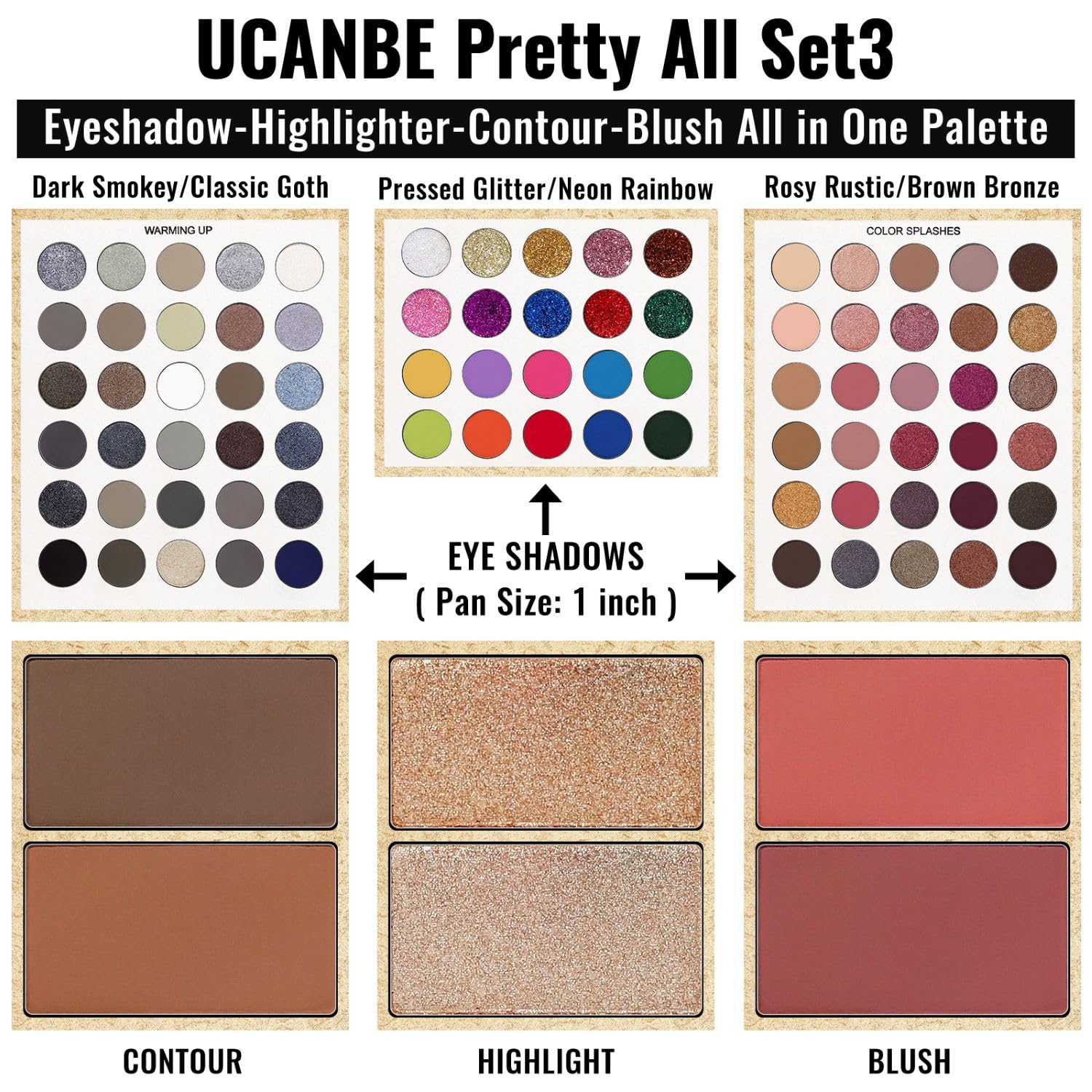 UCANBE Eyeshadow Palette with Brushes Makeup Sets, Pigmented Eye Makeup Pallet Holiday Gift Set, Goth Smokey Rosy Neutral Glitter Rainbow Eye Shadows & Contour Highlight Blush All-in-One Make Up Kit - Image 2