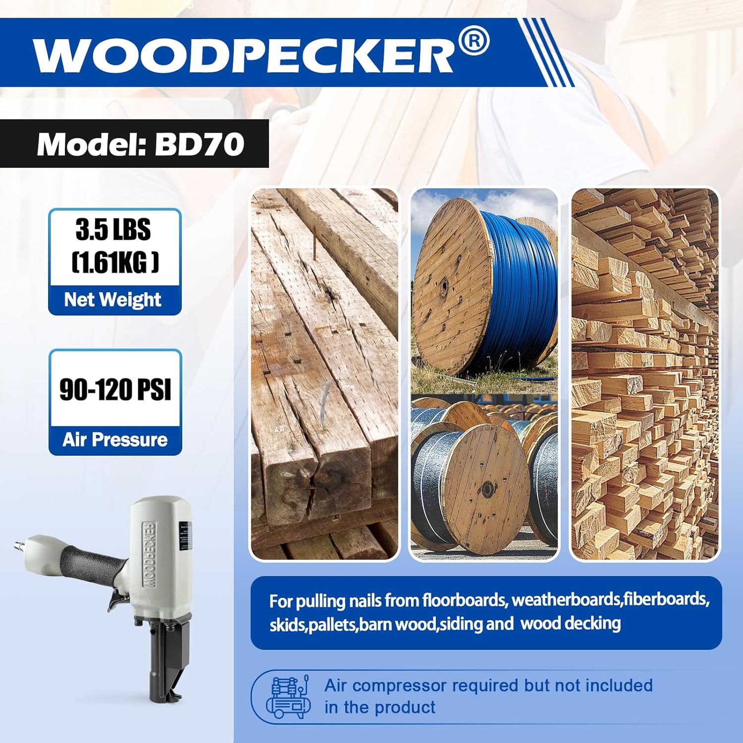 WOODPECKER BD70 Pneumatic Nail Puller Nail Remover Tool, Heavy Duty Air Denailer Gun for Recycling Wood and Pallets - Image 8