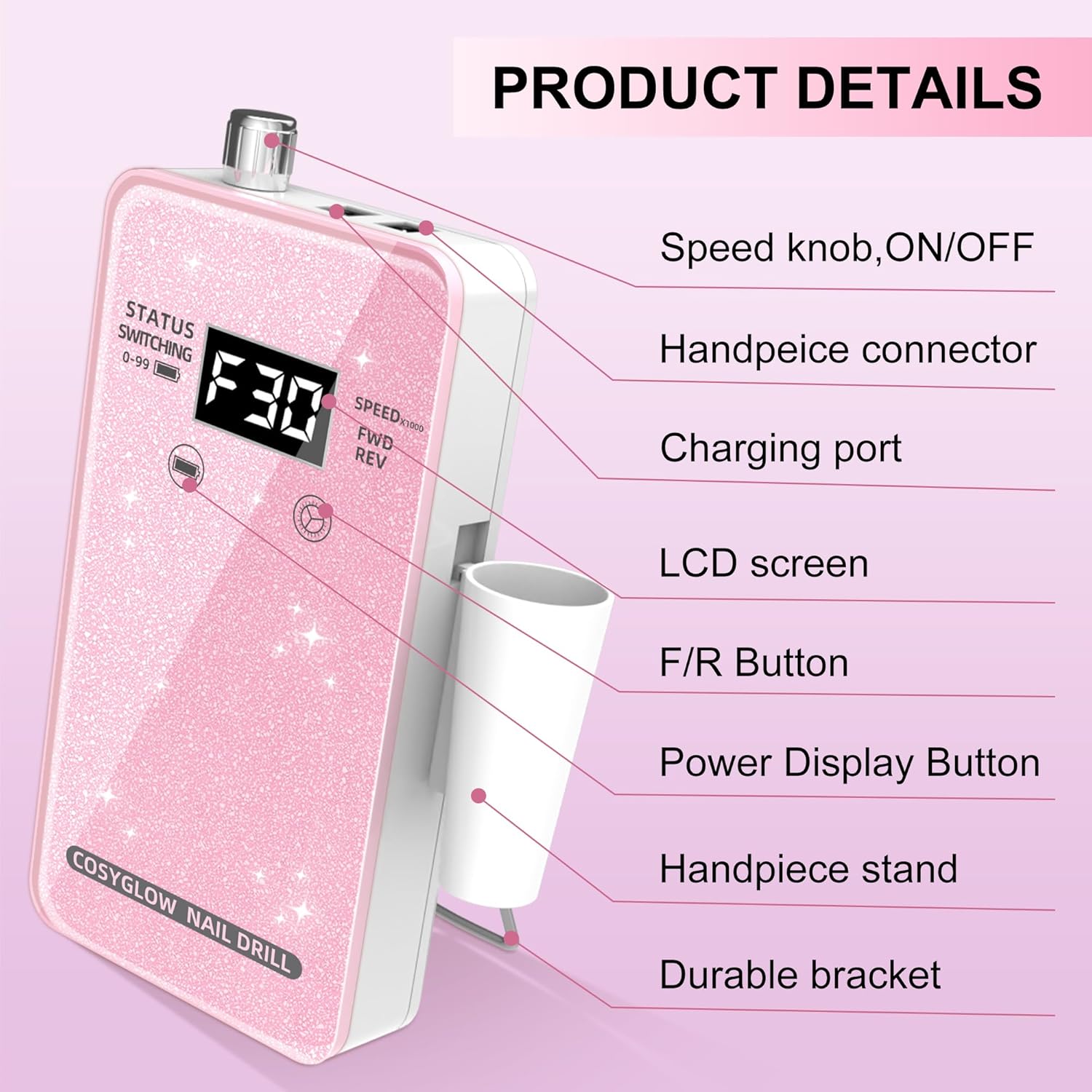 Professional Electric Nail Drill File:COSYGLOW Glitter Portable Cordless E-File Nail Drill Kit with 11 Drill Bits,30000 RPM Rechargeable Nail Drills Machine for Acrylic Nails Gel Polishing(Pink) - Image 9
