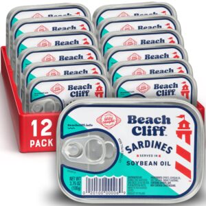 Beach Cliff Wild Caught Sardines in Soybean Oil, 3.75 oz Can (Pack of 12) - 14g Protein per Serving - Gluten Free, Keto Friendly - Great for Pasta & Seafood Recipes