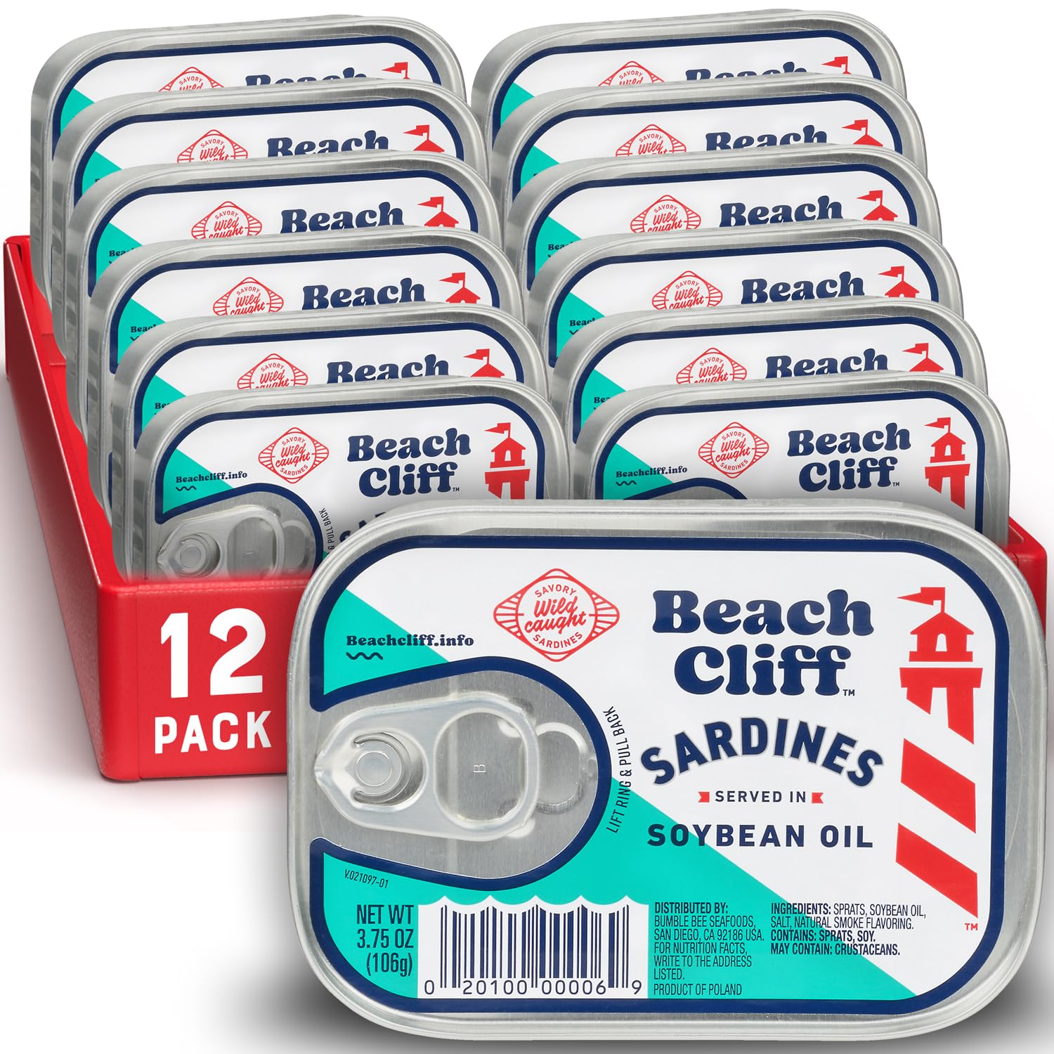 Beach Cliff Wild Caught Sardines in Soybean Oil, 3.75 oz Can (Pack of 12) - 14g Protein per Serving - Gluten Free, Keto Friendly - Great for Pasta & Seafood Recipes