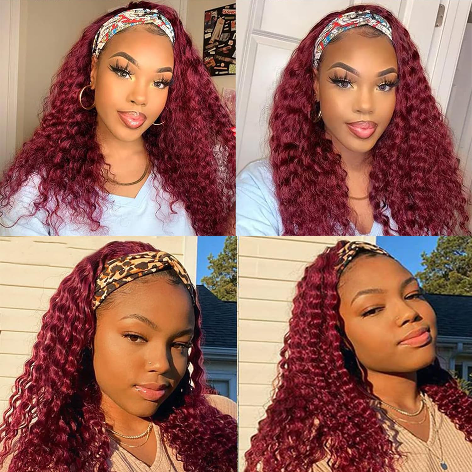 WENYAN 99J Burgundy Headband Wig Human Hair Deep Wave 16 Inch Red Colored Curly Headband Wigs for Black Women Human Hair Glueless None Lace Front Wigs Brazilian Virgin Hair Wig 150% Densitys - Image 2