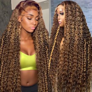 30 Inch Honey Blonde Highlight Ombre Lace Front Wig Human Hair 200% Density 13x6 HD Lace Front Wigs Human Hair Deep Wave Curly Lace Frontal Wigs Pre Plucked with Baby Hair