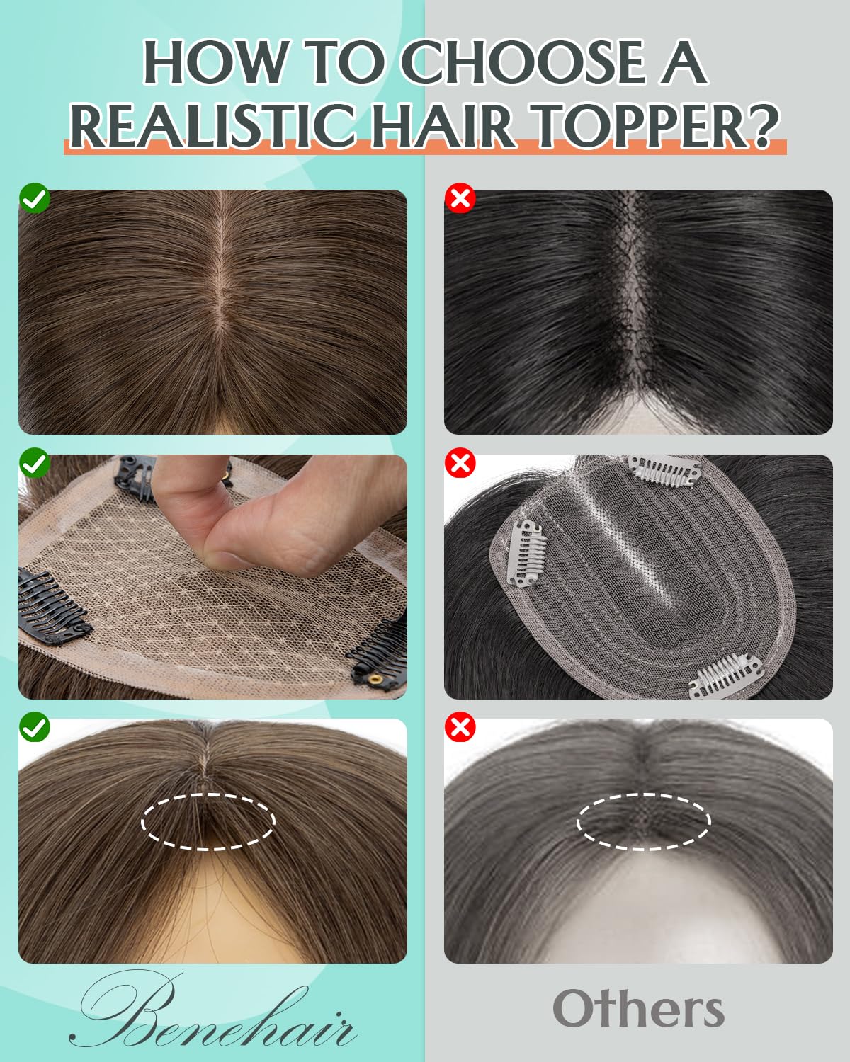 Benehair Human Hair Topper for Women - 9 * 12CM Silk Base, No Bangs, 150% Density, 100% Remy Hair Piece for Thinning Hair - Dark Brown, 12 Inch - Image 8