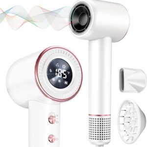 Rudd Hair Dryer with Diffuser, High Speed Hair Dryer with Display, 110000 RPM Brushless Motor for Fast Drying, 200 Million Negative Inoic Low Noise, White