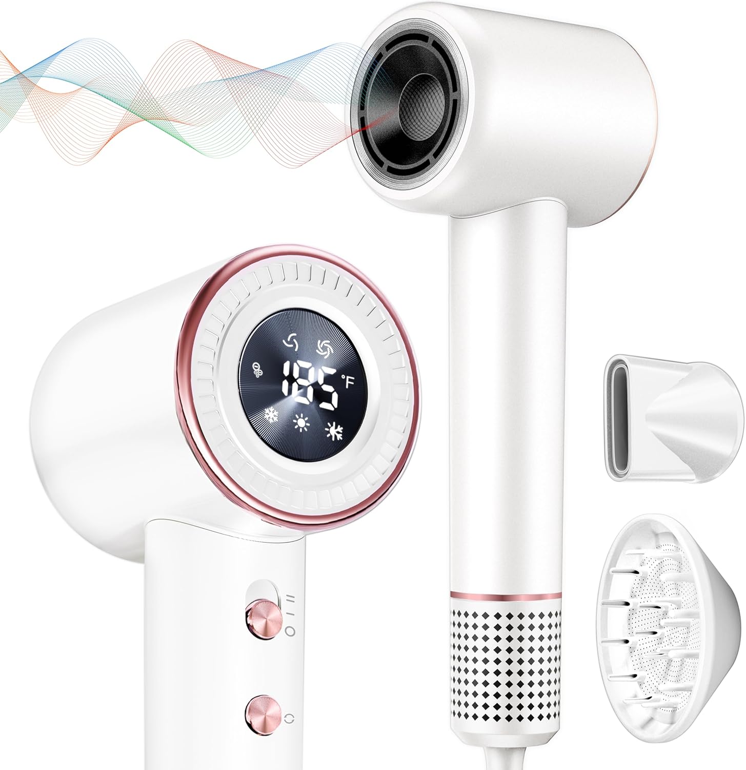 Rudd Hair Dryer with Diffuser, High Speed Hair Dryer with Display, 110000 RPM Brushless Motor for Fast Drying, 200 Million Negative Inoic Low Noise, White