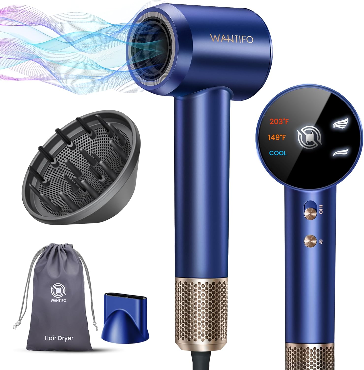 Hair Dryer with Diffuser & Nozzle Magnetic, Hair Blow Dryer for Curly Hair, 110000 RPM High-Speed Brushless Motor for Fast Drying, Negative Ionic Care Hair Dryer for Home,Salon,Travel (Blue)