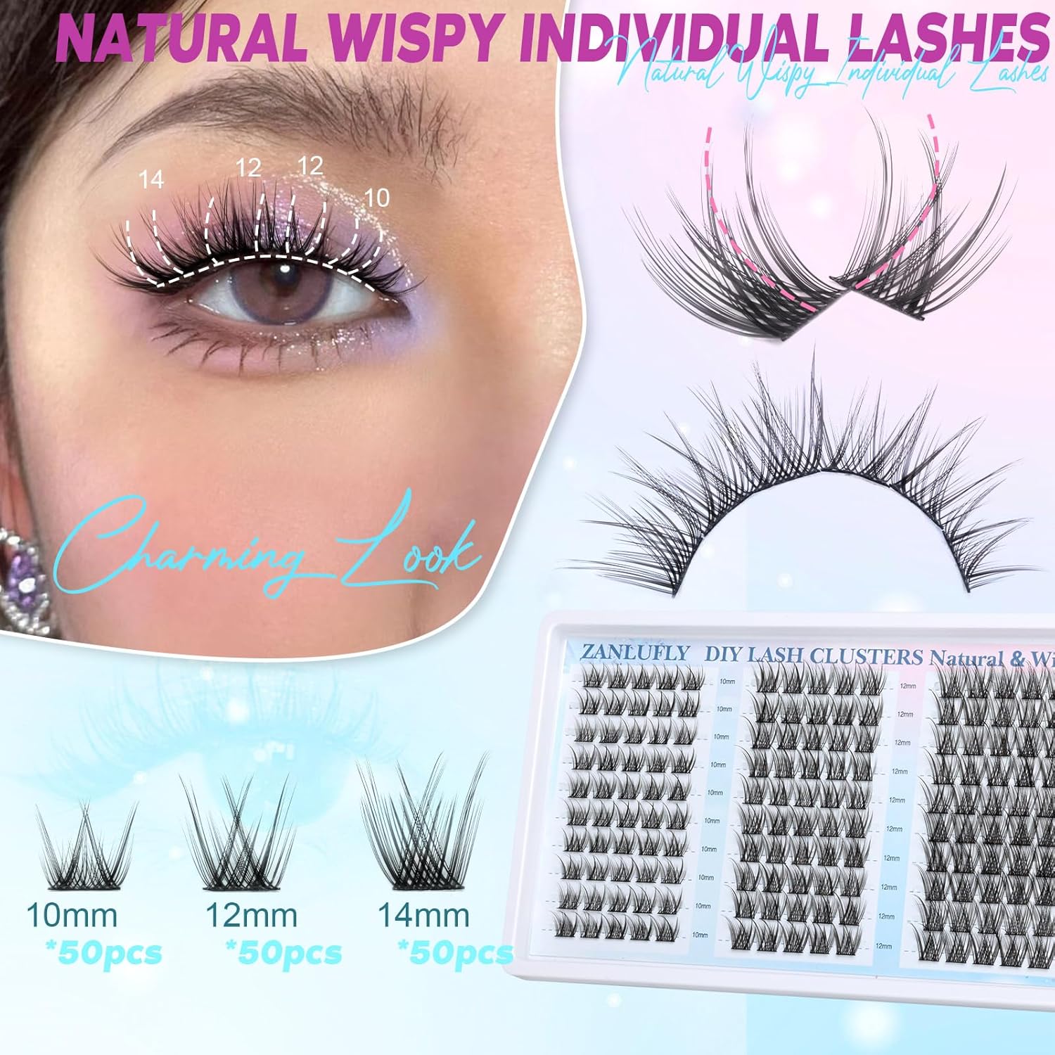 Lash Clusters Wispy Eyelash Clusters Natural C-Curly Cluster Lashes zanlufly Wispy Individual Lashes 150Pcs Eyelash Extension 10 12 14MM DIY Lash Extensional Lash Clusters - Image 2