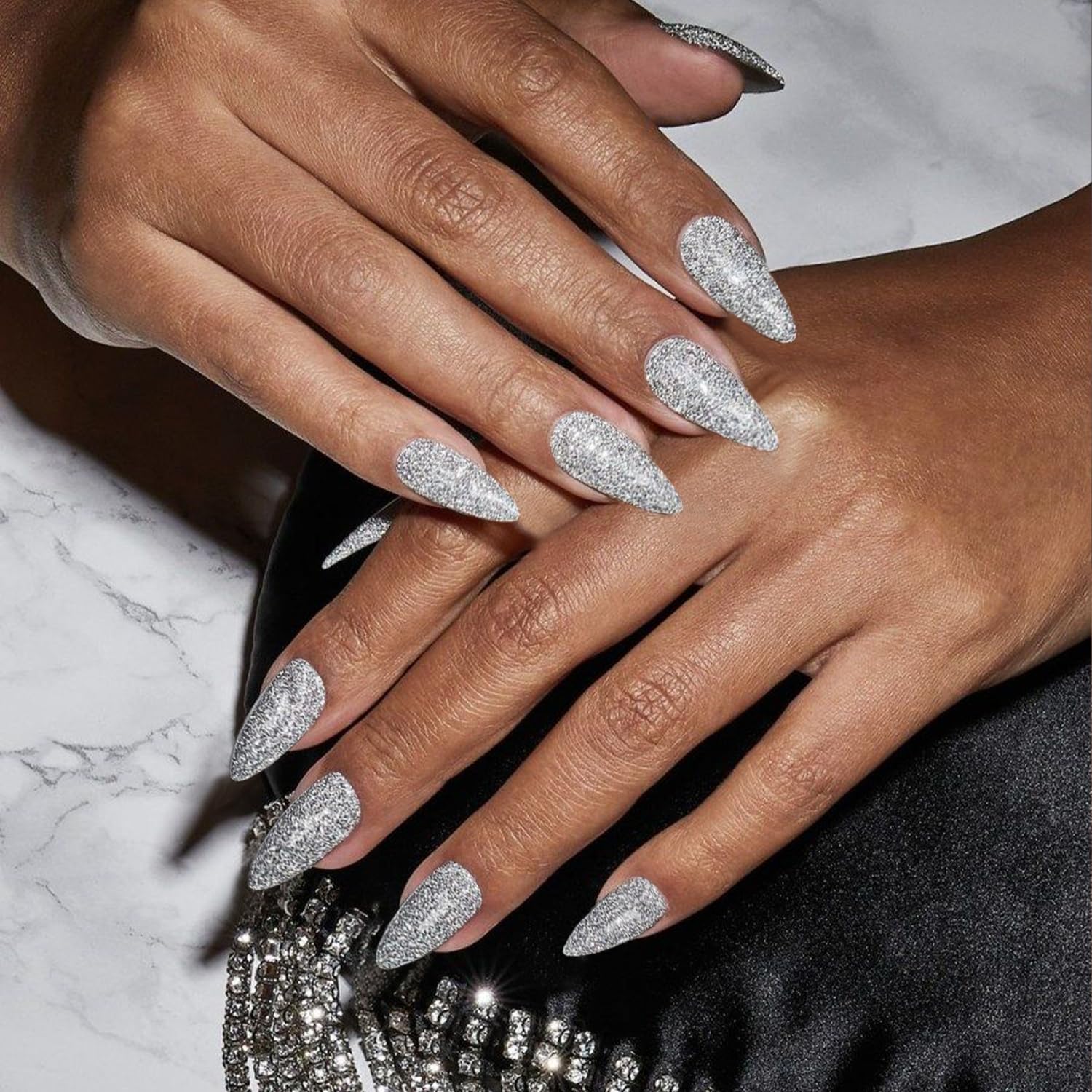 White Silver Glitter Press on Nails Almond Shaped Sparkle Medium Almond Nails Press on Acrylic Nails Fake Nails for Women, Glue on Nails Medium Length with Bling Glam Designs Stiletto False Nails - Image 2