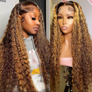 Honey Blonde Ombre Lace Front Wig Human Hair 13X6 Highlight Deep Wave Curly Human Hair Wig 4/27 Colored Deep Wave HD Lace Front Wigs Human Hair Pre Plucked with Baby Hair 180% Density 26 Inch