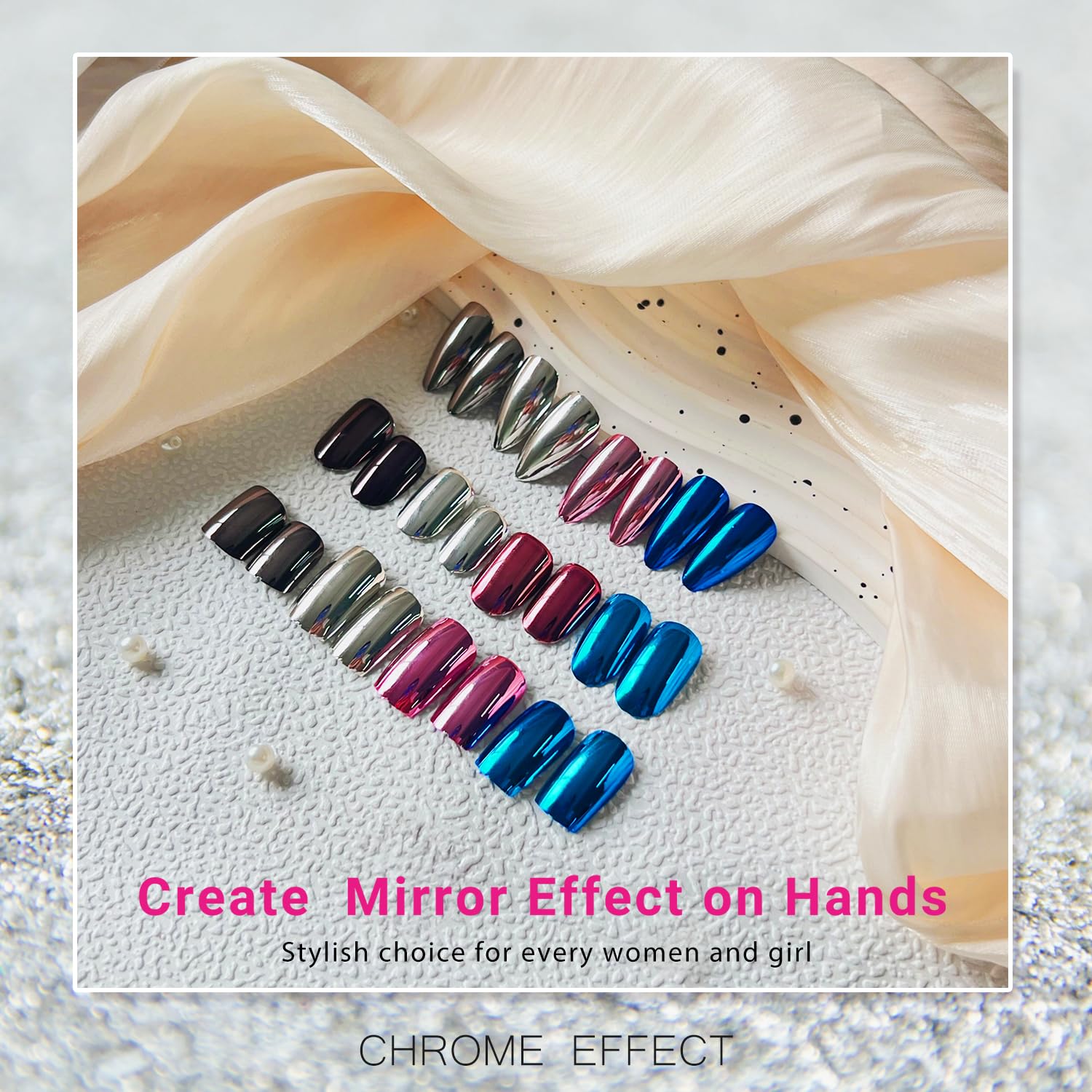 Royal Blue Chrome Glazed Medium Short Square Reusable Acrylic Press On Nails for Women - Image 8