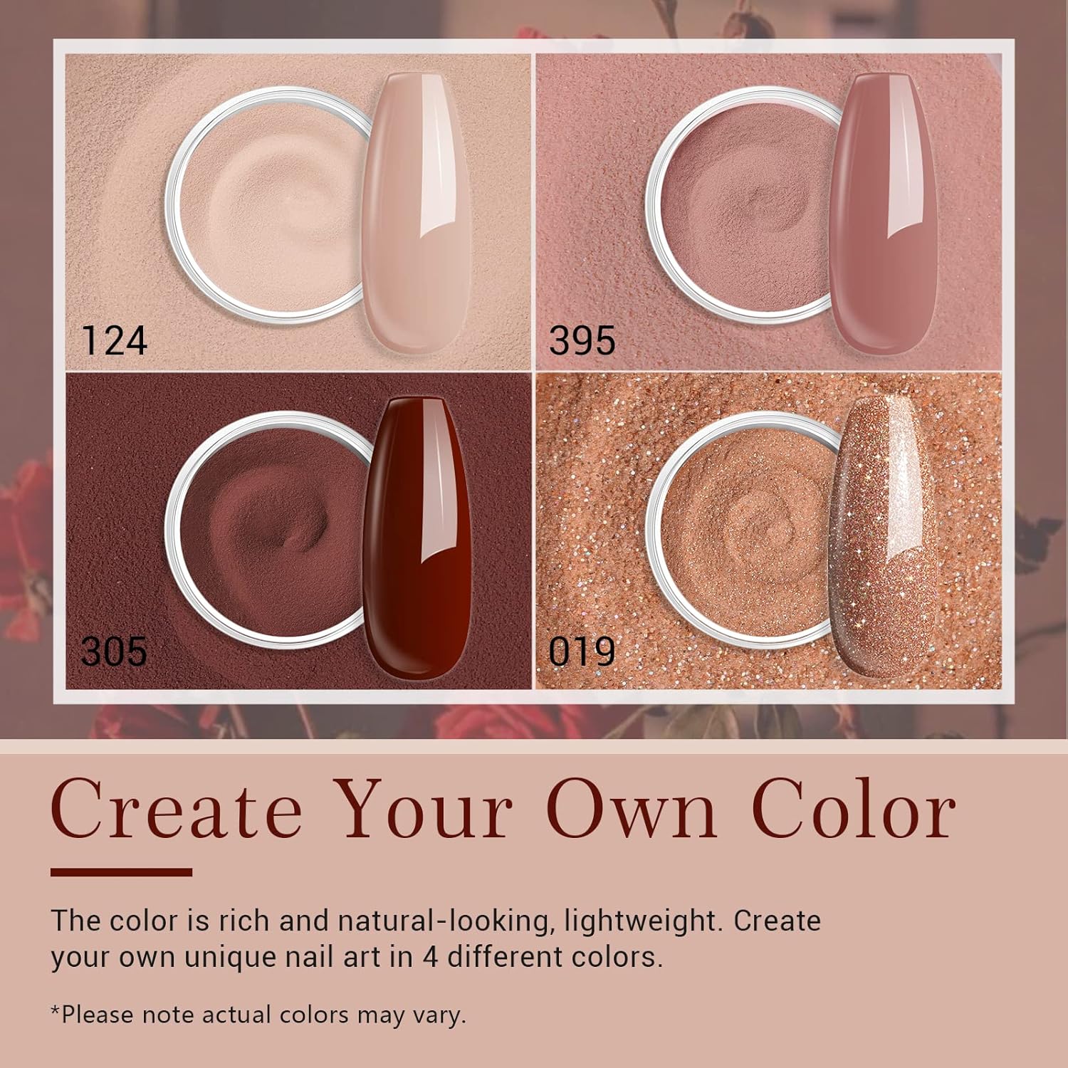 AZUREBEAUTY Dip Powder Nail Kit Starter, 4 Colors Skin Nude Brown Glitter, Acrylic Dipping Powder Liquid Set with Base/Top Coat Activator for Daily French Nail Art Manicure DIY Gift 12 Pcs - Image 4