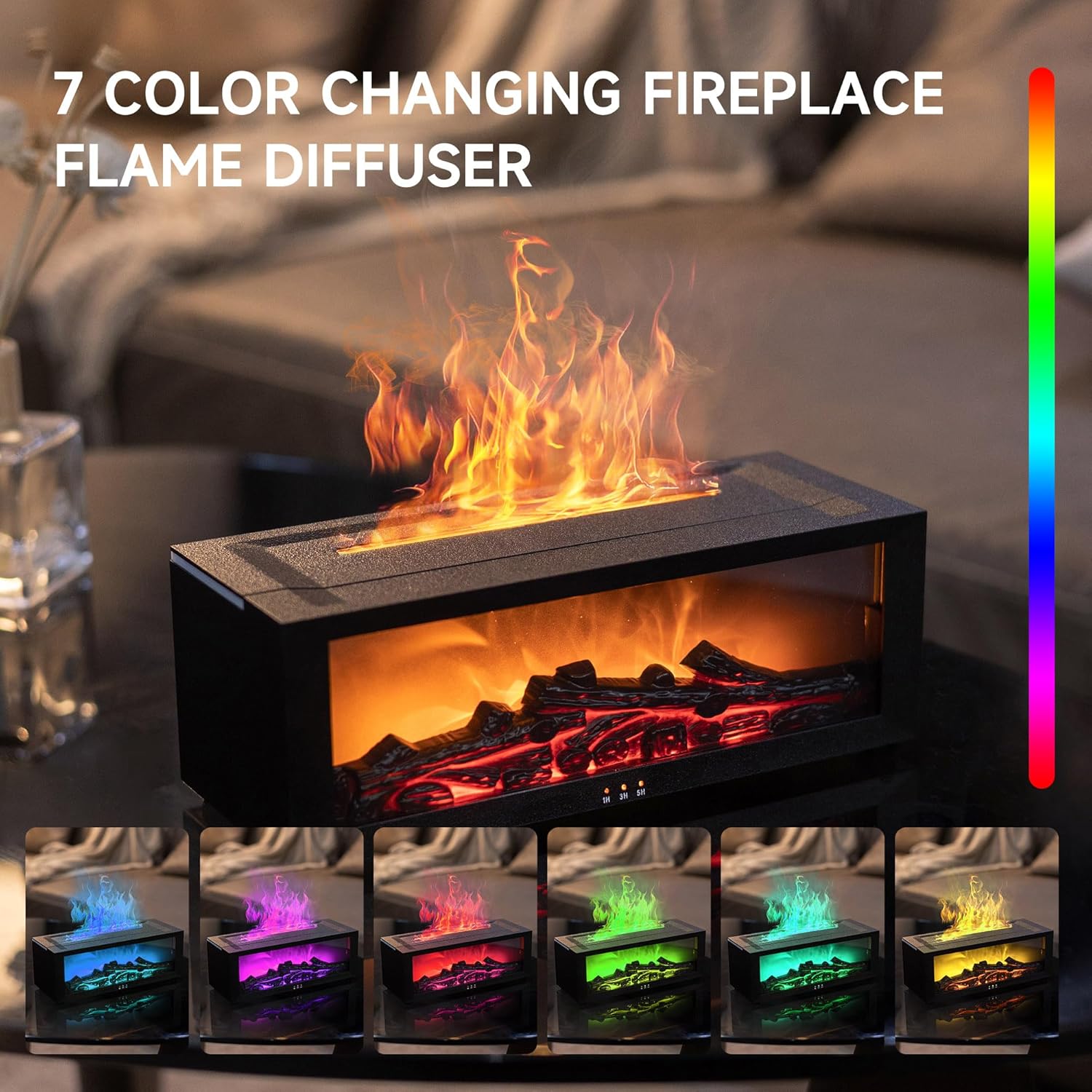 Fireplace Flame Air Diffuser Humidifier,7 Colors Aromatherapy Essential Oil Diffuser,Ultrasonic Aroma Humidifier with Timer for Home,Bedroom,Office,Yoga (BlackB, L) - Image 5