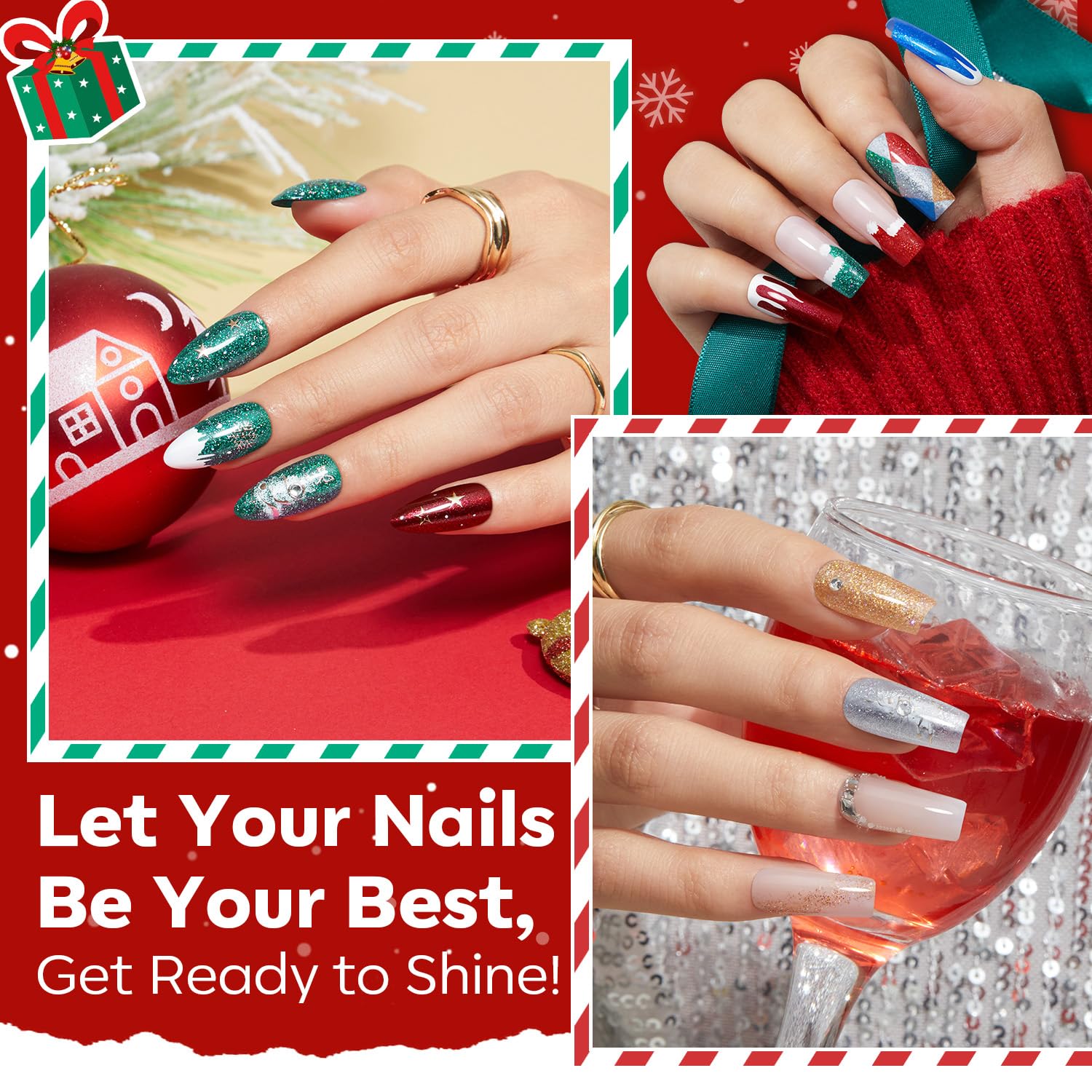 modelones New Year Nail Polish Set 6 Colors, Red Green Burgundy Gold Silver Blue Glitter Quick Dry Mini Nail Lacquer Kit with Christmas Stickers, Sparkle Winter Nail Art Manicure Gift for Girls Women - Image 5
