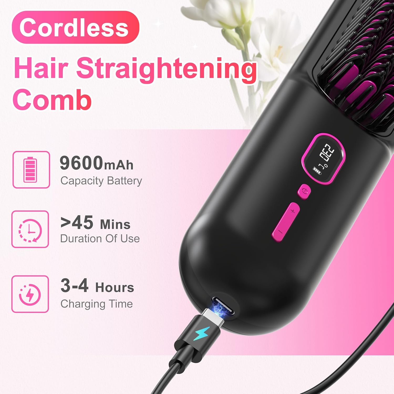 Portable USB Rechargeable Black Cordless Hair Straightener Brush for Women Anti-Scald - Image 3
