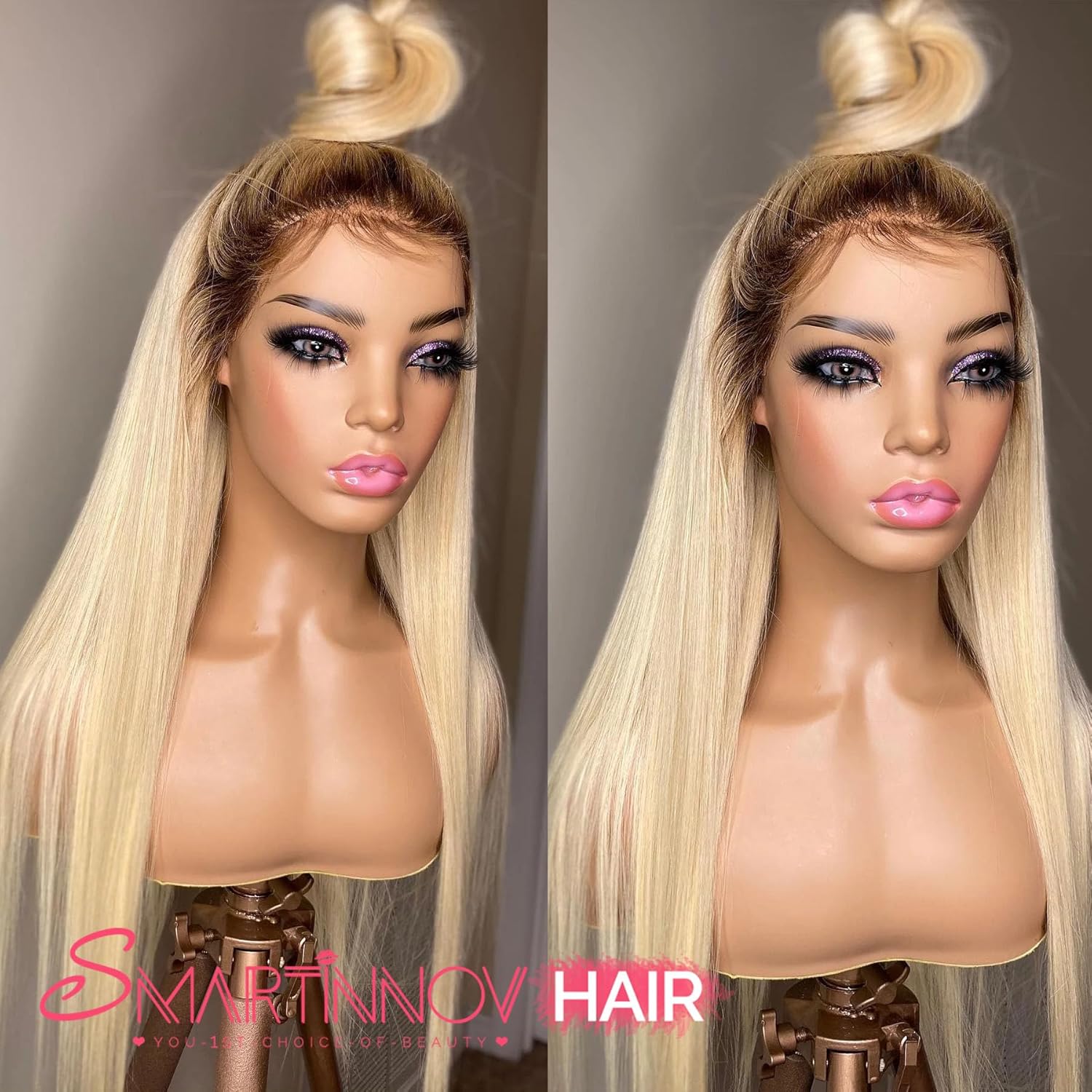 Ombre Blonde Lace Front Human Hair Wig 150% Density 1B613 for Women 13x4 HD Undetectable Melted Lace Frontal Wigs 20Inch Ombre Blonde with Dark Roots Straight Pre Plucked Bleached Knots Wigs - Image 2