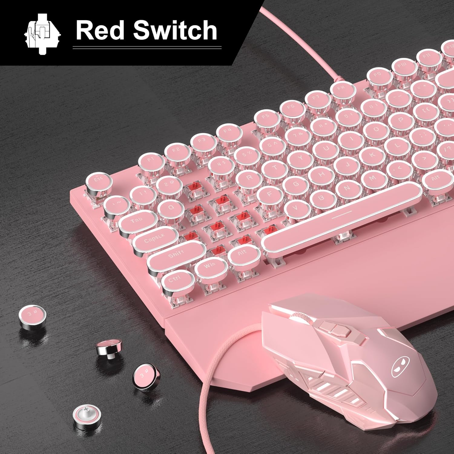 Retro Pink Typewriter-Style Keyboard and Mouse Combo, Cute Light Up Wired Mechanical Keyboard with Linear Red Switches, Full Size for Gaming, Work, Mac, PC, Windows - Image 2