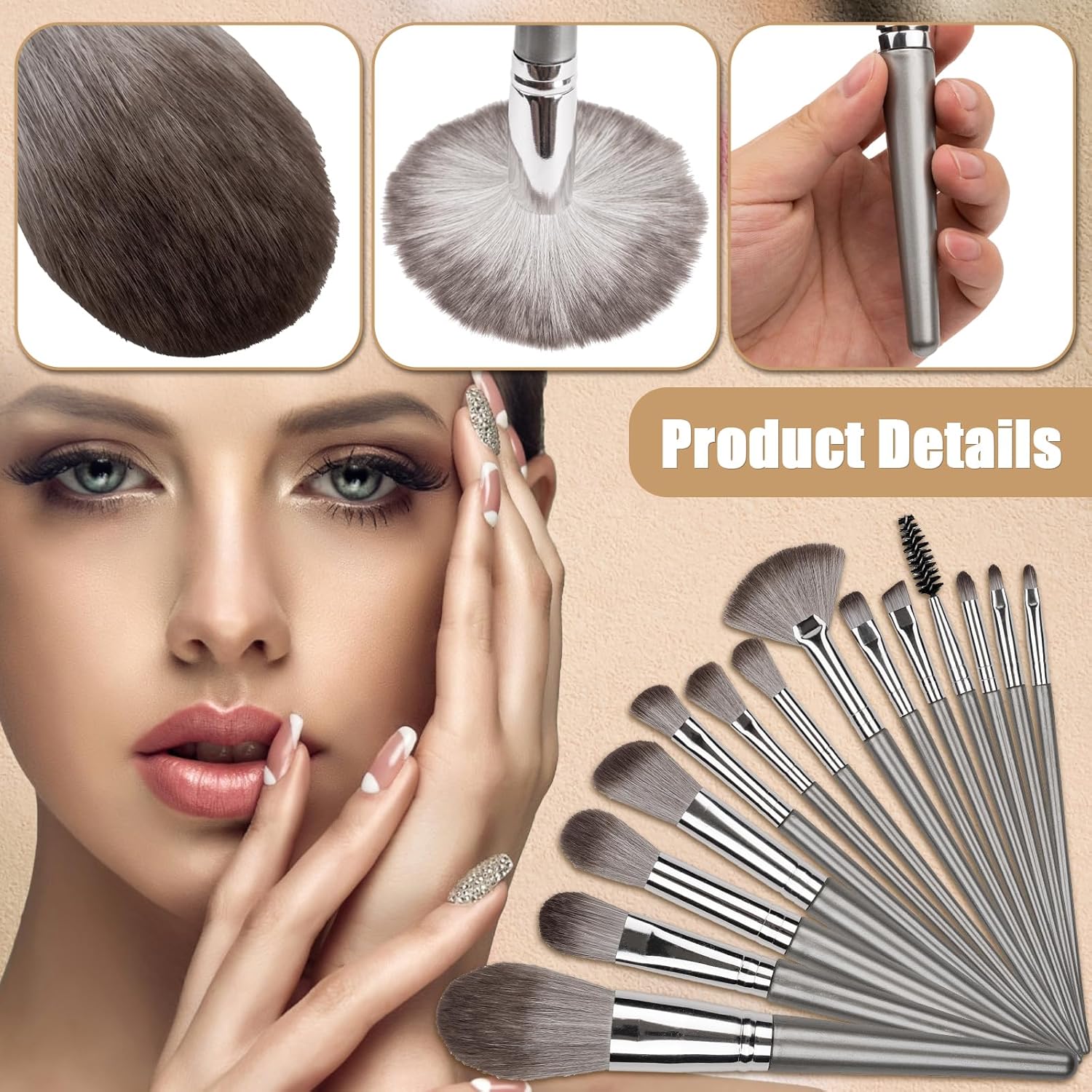 14 Pcs Makeup Brush Set, Professional Eye and Face Foundation Brush Set, Eyeshadow Brushes, Cosmetic Brushes, with Pu Bag, Grayish - Image 5