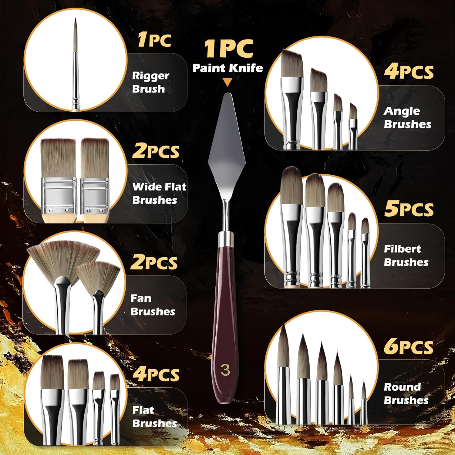 Acrylic Paint Brush Set, Golden Maple 25 PCS Paint Brushes for Acrylic Painting Oil Watercolor & Canvas,Enhanced Synthetic Brush Set with Cloth Roll and Palette Knife - Image 3