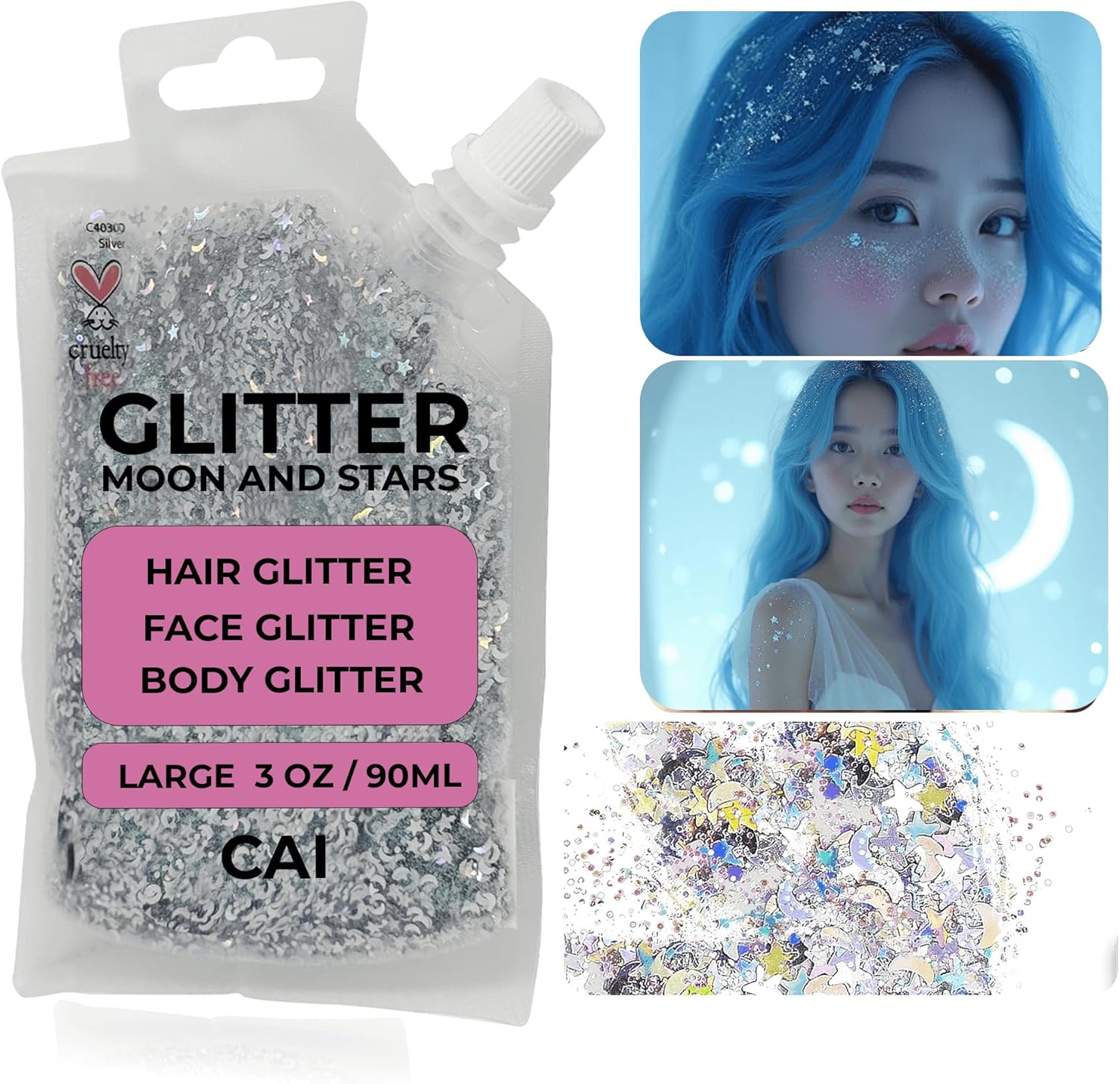 Hair Glitter Gel; Body Glitter & Face Glitter for Women/Kids (Large 3 Oz Silver) Moon & Stars; Iridescent Holograph Cosmetic Grade- Apply Without Glue, Easy to Take Off Keeps Skin Clean - Image 3