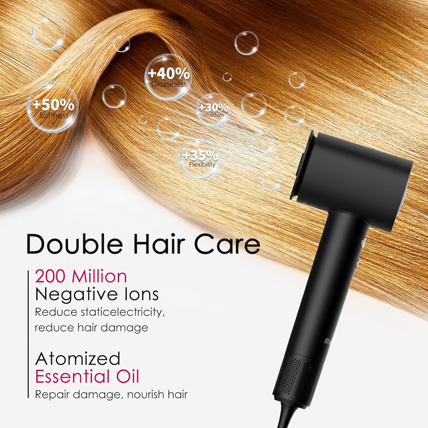 Professional Hair Dryer Ionic Hair Dryer High Speed Blow Dryer with Essential Oil 160000 RPM Fast Drying 1500W Brushless Motor Low Noise Travel Dryer 4 Temps & 2 Speeds - Image 3
