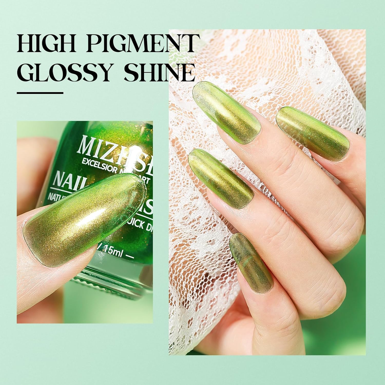 MIZHSE Quick Dry Nail Polish, Holographic Neon Green Nail Polish Air Dry Fast, 15ml/0.5 fl oz Regular Shiny Glitter Oil-based Shimmery Nail Lacquer Non Gel Nail Art Salon Manicure Home DIY - Image 4