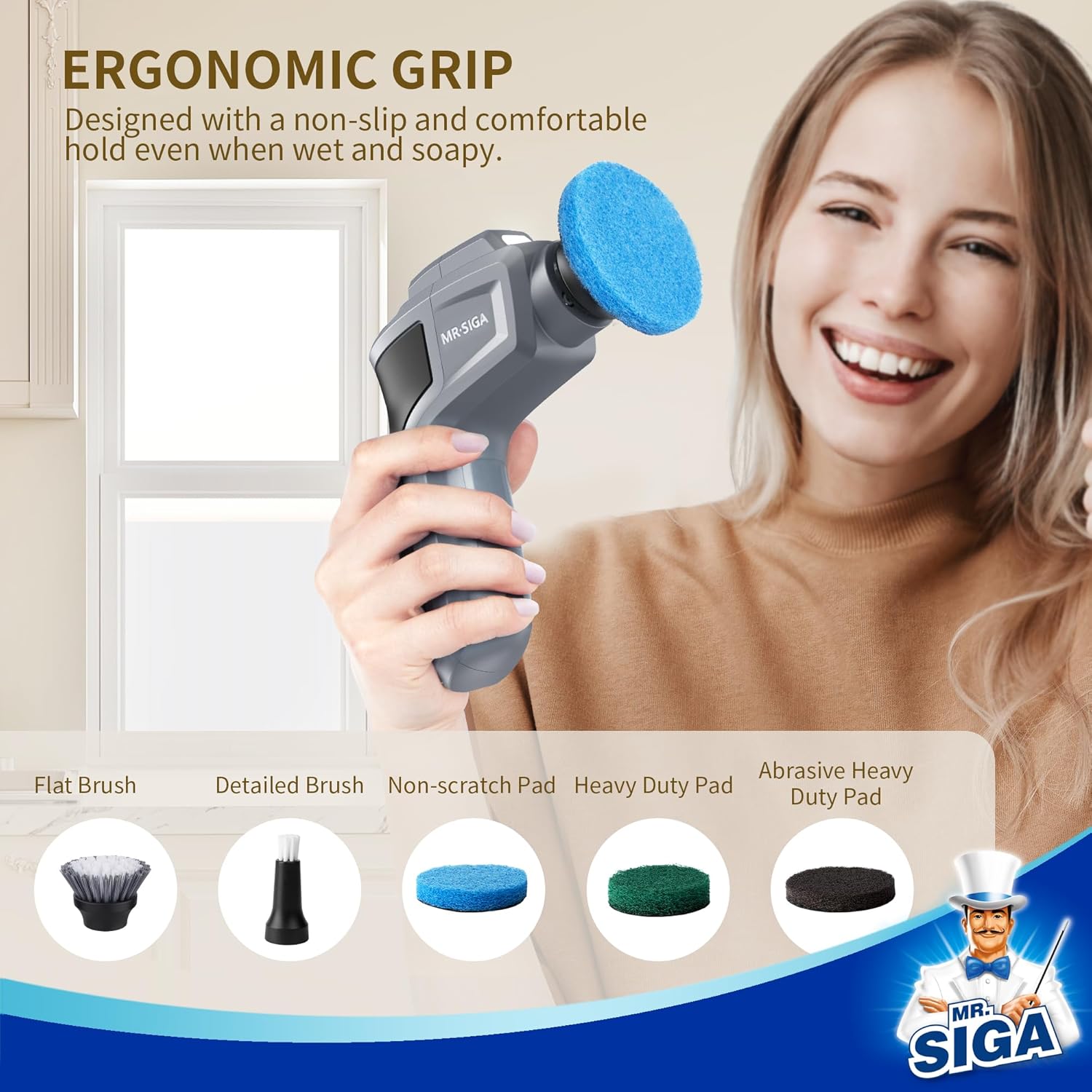 MR.SIGA Electric Spin Scrubber for Kitchen and Bathroom Cleaning, Waterproof Rechargeable Cordless Spin Scrubber with 5 Replaceable Cleaning Brushes and Pads - Image 6