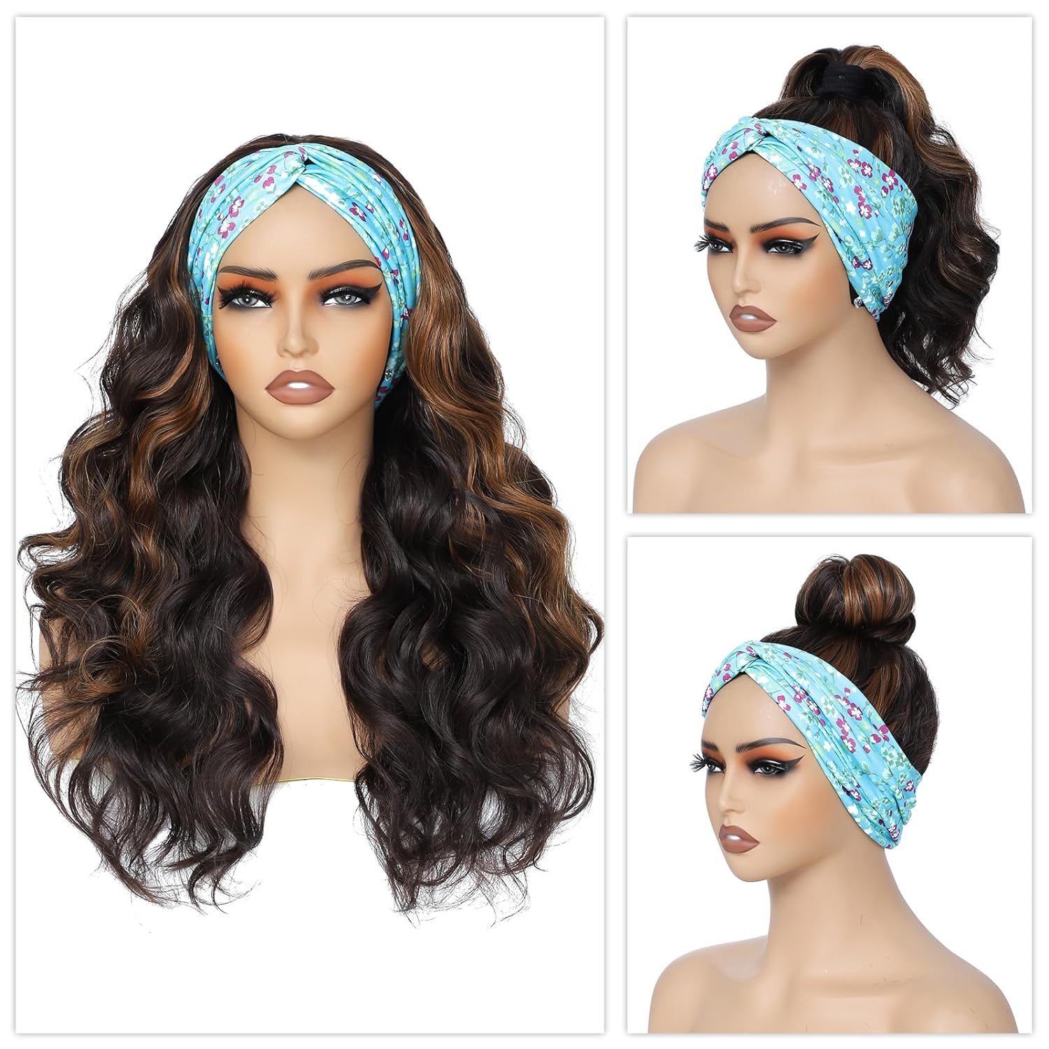 xccoco Long Wavy Headband Wig for Women Black Wigs with Brown Blonde Highlight 200% Denisty Headband Wigs Put On and Go Glueless Wig Long Synthetic Wig for Women Party Daliy Use - Image 2