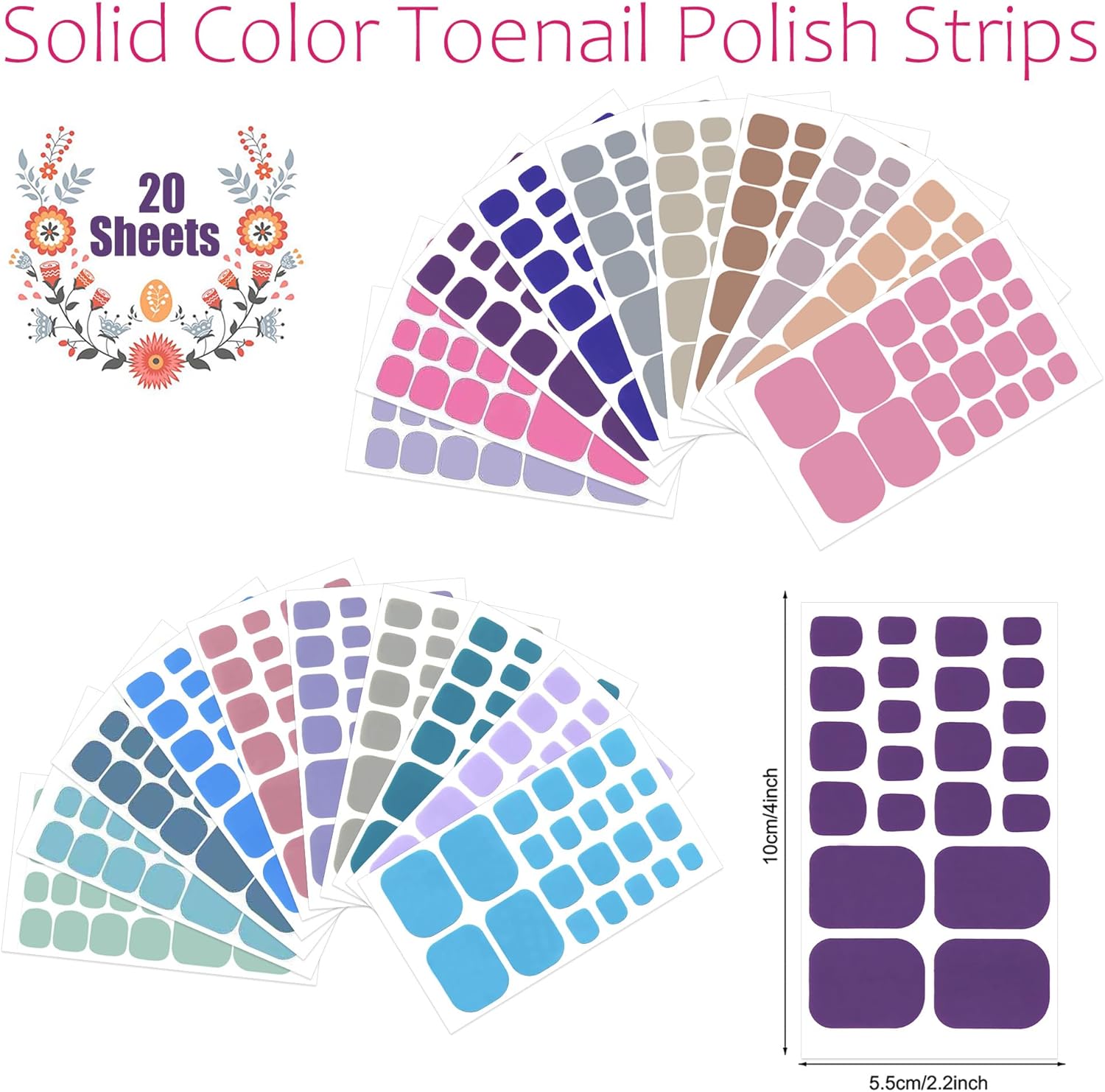 JERCLITY 440 Pieces 20 Sheets Toenail Strips for Women Nail Art Wraps Toe Nail Stickers Nail Wraps for Toes Nail Polish Strips Nail Polish Stickers for Toenails Color Strips - Image 2