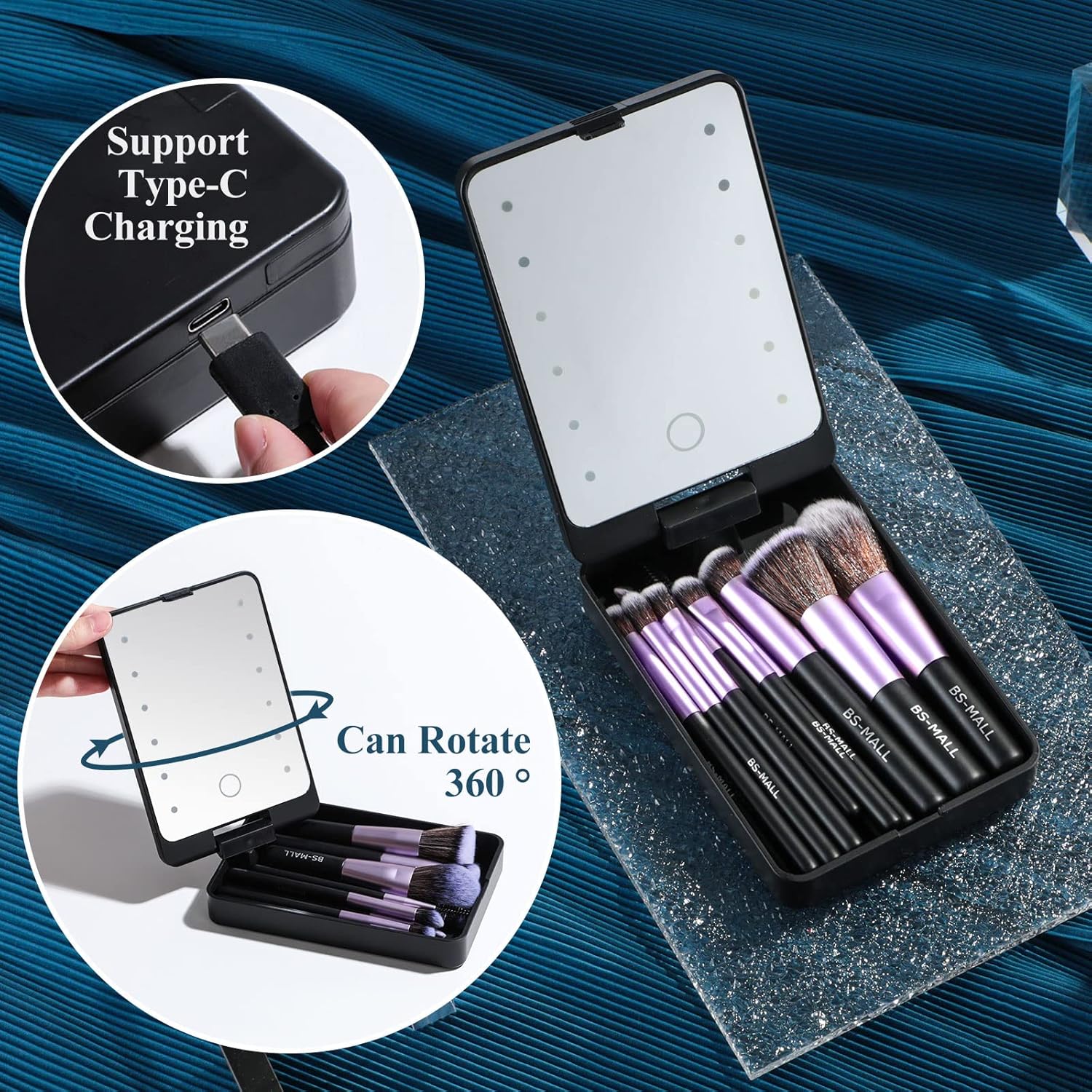 BS-MALL Travel Makeup Brush Set Foundation Powder Concealers Eye Shadows Makeup Set with LED light Mirror 14 Pcs (Purple) - Image 3