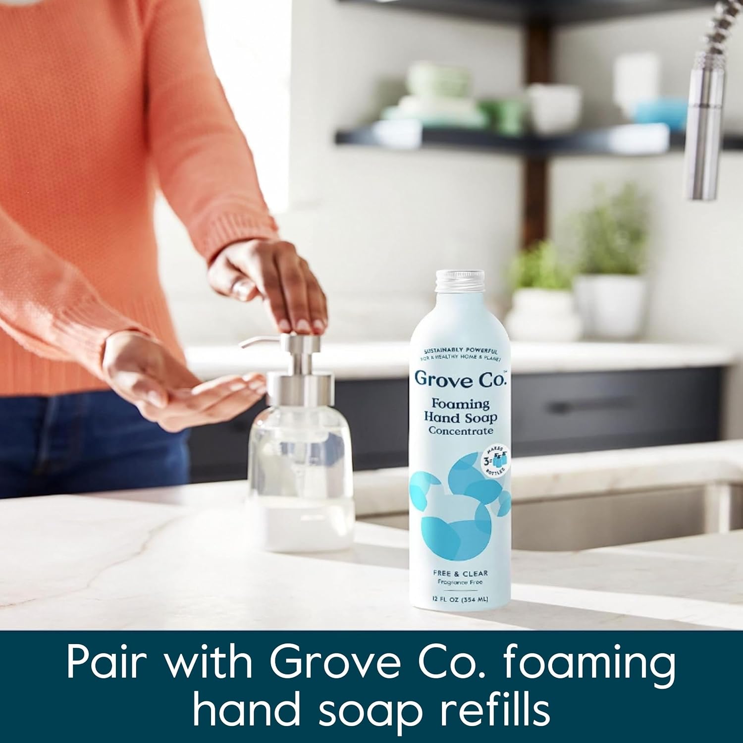 Grove Co. Foaming Soap Dispenser, 2 x Refillable Glass Bottles with Stainless Steel Pump, Reusable Liquid Hand Soap Set for Kitchen or Bathroom, Square Base, Reduce Plastic Waste - Image 5