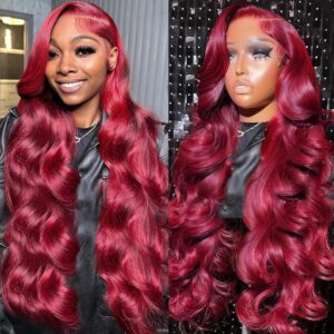 99j Burgundy Lace Front Wigs Human Hair 28 Inch 13x6 Body Wave Lace Front Wigs Human Hair Pre Plucked 180 Density HD Transparent Red Colored Wigs Human Hair for Women with Baby Hair