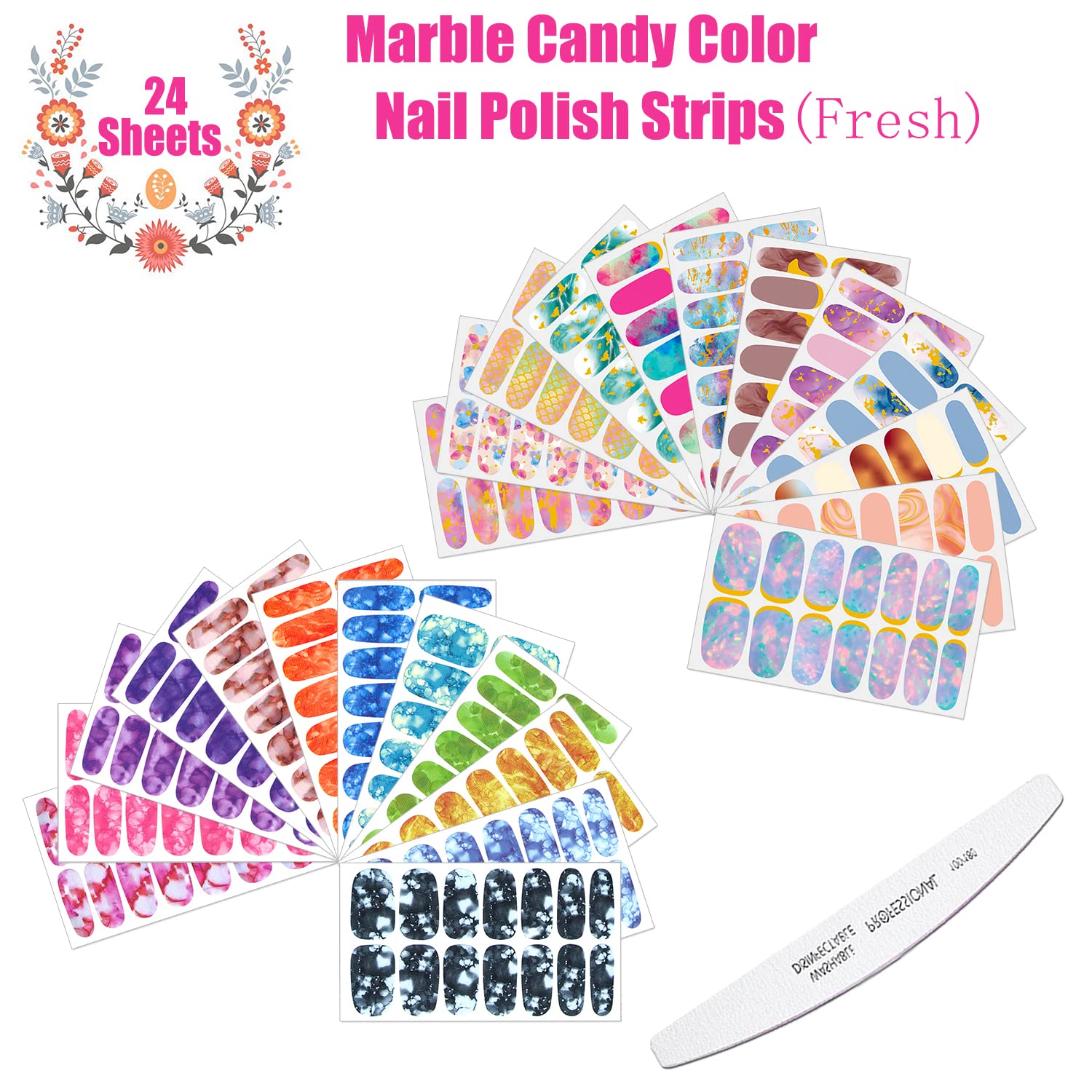 JERCLITY 336 Pieces 24 Sheets Women's Full Wrap Marble Nail Polish Strips Stickers Self-Adhesive Solid Color Gel Nail Strips Decals with Nail File for Women Girls Nail Decorations (Fresh Style) - Image 2