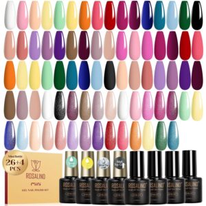 ROSALIND 30pcs Gel Nail Polish Set, 26 Colors Gel Polish with 4Pcs Base and Glossy Matte Glitter Top Coat All Seasons Nude Blue Red Nails art Kit DIY Salon at Home