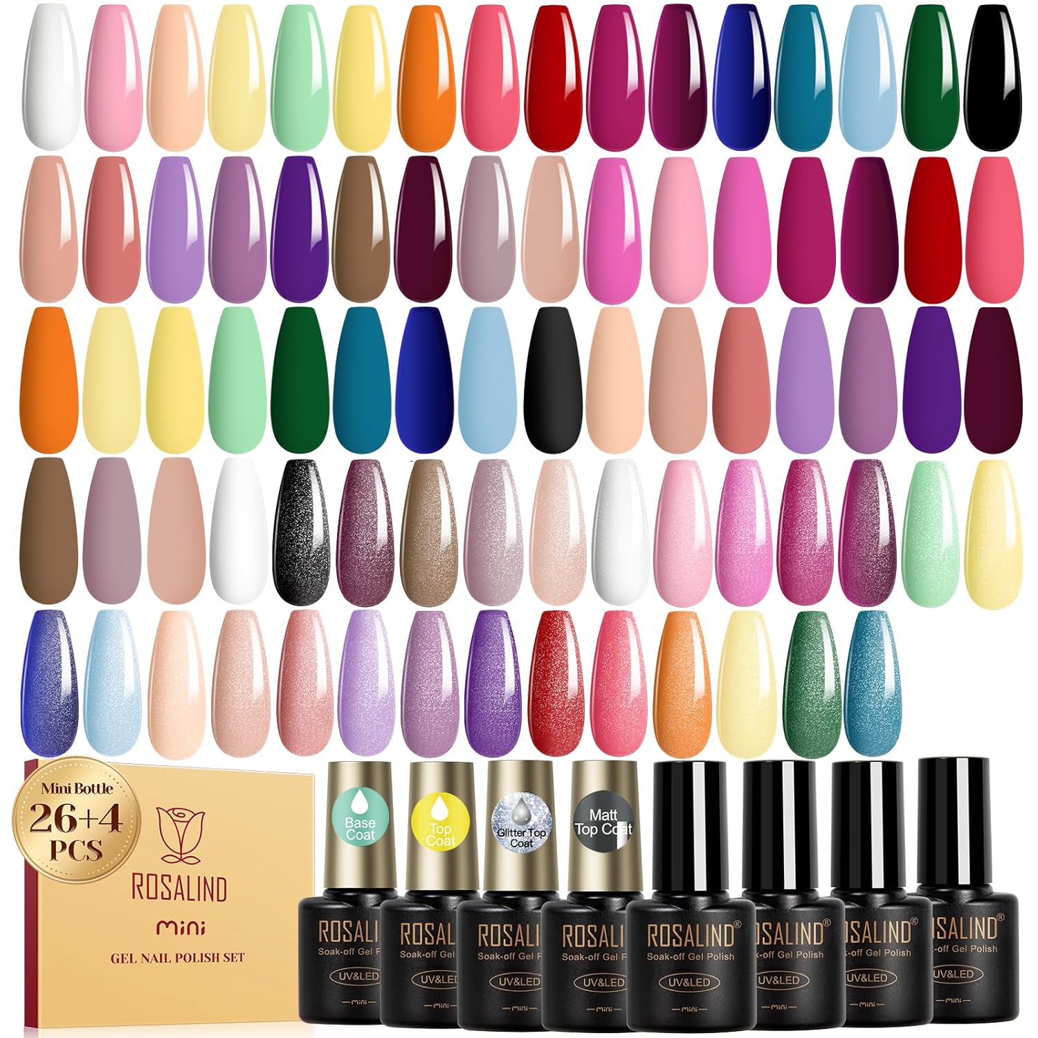 ROSALIND 30pcs Gel Nail Polish Set, 26 Colors Gel Polish with 4Pcs Base and Glossy Matte Glitter Top Coat All Seasons Nude Blue Red Nails art Kit DIY Salon at Home