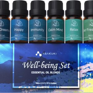 ASAKUKI Essential Oil Blends, Essential Oils for Diffusers for Home, Well-Being Kit- Calm Mind, Sweet Dreams, Happy, Relax, Air Freshening, Immunity for Aromatherapy, Humidifiers, Massage, 6x10ml