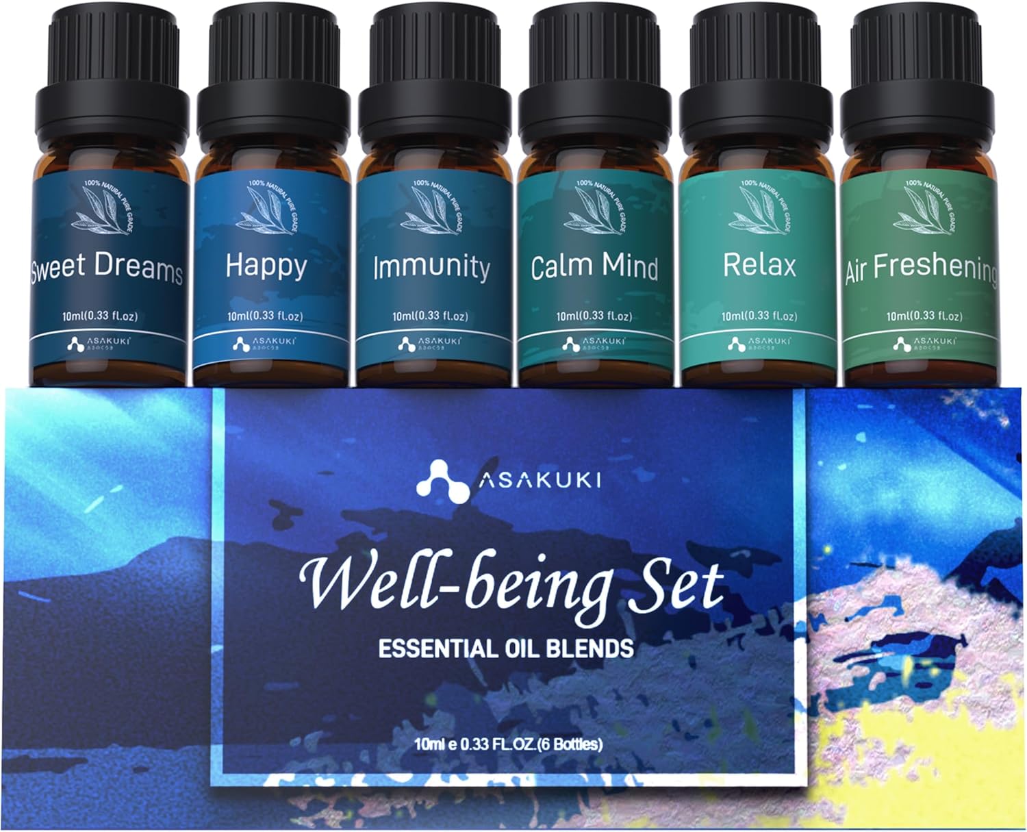 ASAKUKI Essential Oil Blends, Essential Oils for Diffusers for Home, Well-Being Kit- Calm Mind, Sweet Dreams, Happy, Relax, Air Freshening, Immunity for Aromatherapy, Humidifiers, Massage, 6x10ml