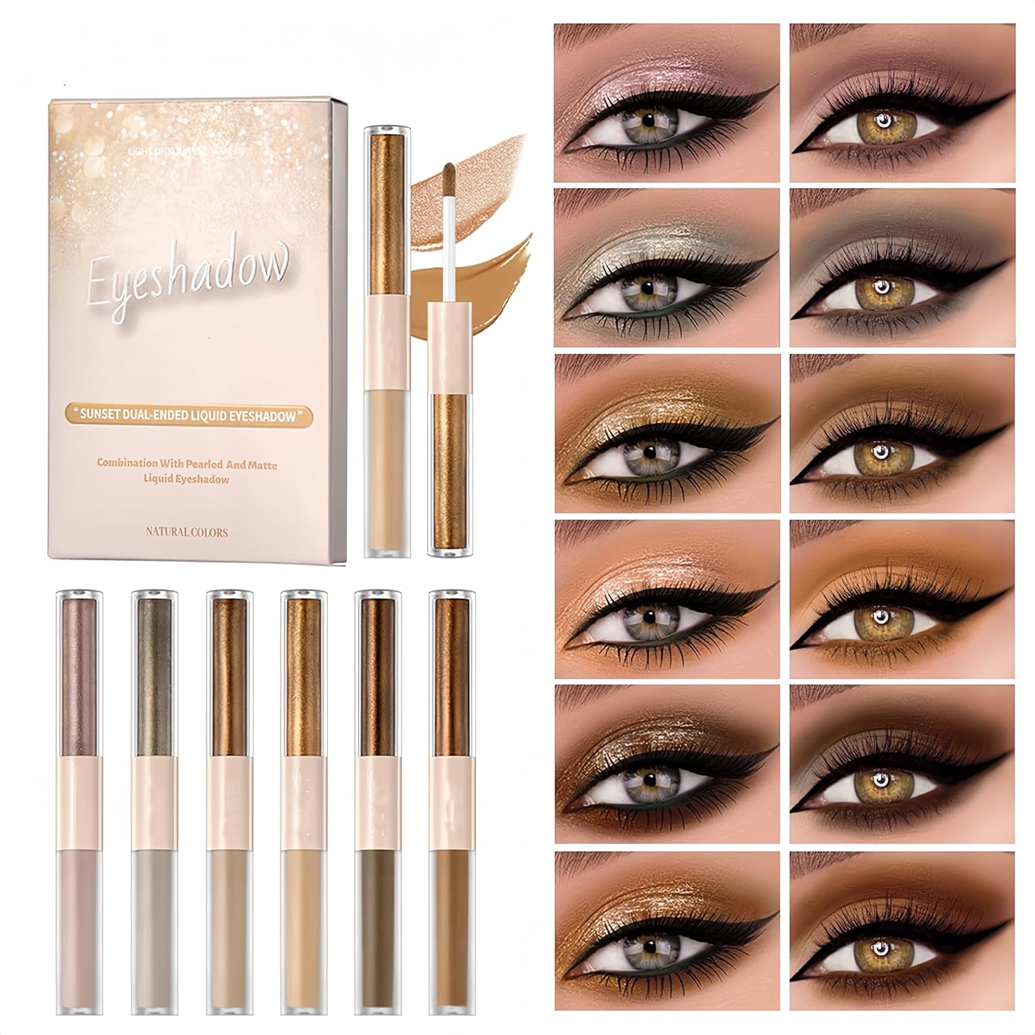 Dual Ended Liquid Eyeshadow 6 Color Neutral Naked Glitter and Matte Waterproof Long Lasting Smooth Creamy Eyeshadow Set (6 Colors Set 1) - Image 9