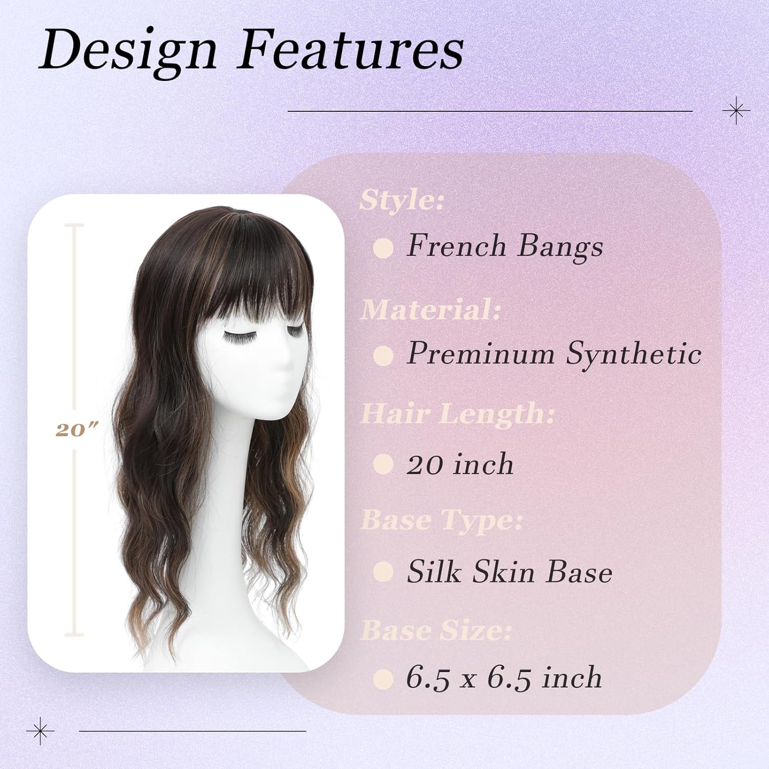 Hair Toppers for Women, 20 Inch Long Curly Wavy Hair Topper 360° 3D French Clip in Bangs (Dark Brown Mixed Chestnut, French Bangs) - Image 2