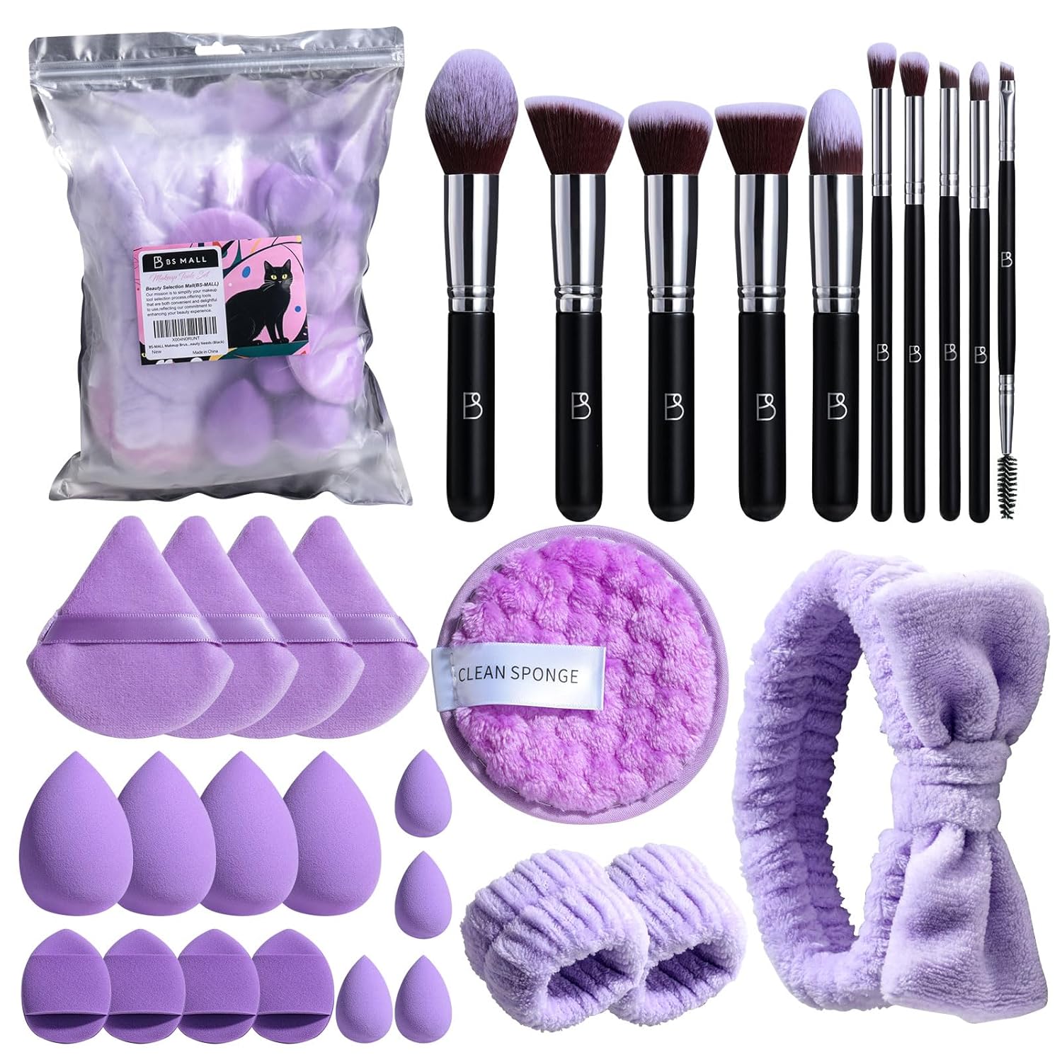 BS-MALL Makeup Brushes Set 30 Pcs – Including Face Washing Puffs, Blush Powder Bronzer Foundation Eyeshadow Concealer Brushes, and Mini Makeup Sponge Makeup Sponges Set (Black) - Image 7