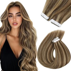Sunny Hair Tape in Hair Extensions Real Human Hair Invisible Remy Hair Extensions Tape ins for Women Dark Brown Highlight Caramel Blonde 18 inch 20Pcs 50G