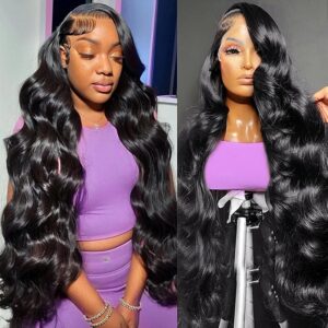 30 inch Lace Front Wig Human Hair Pre Plucked 13x6 Body Wave HD Lace Front Wigs Human Hair for Women 180% Density Glueless Brazilian Virgin Human Hair Wig with Baby Hair Natural Black