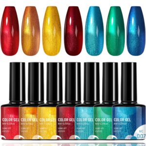 7pc Rainbow Gel Metallic Nail Polish Set - Chrome Gold Line, Reflective Mirror Nail Polish Gift Set in Red, Gold, Blue, Green, Pink