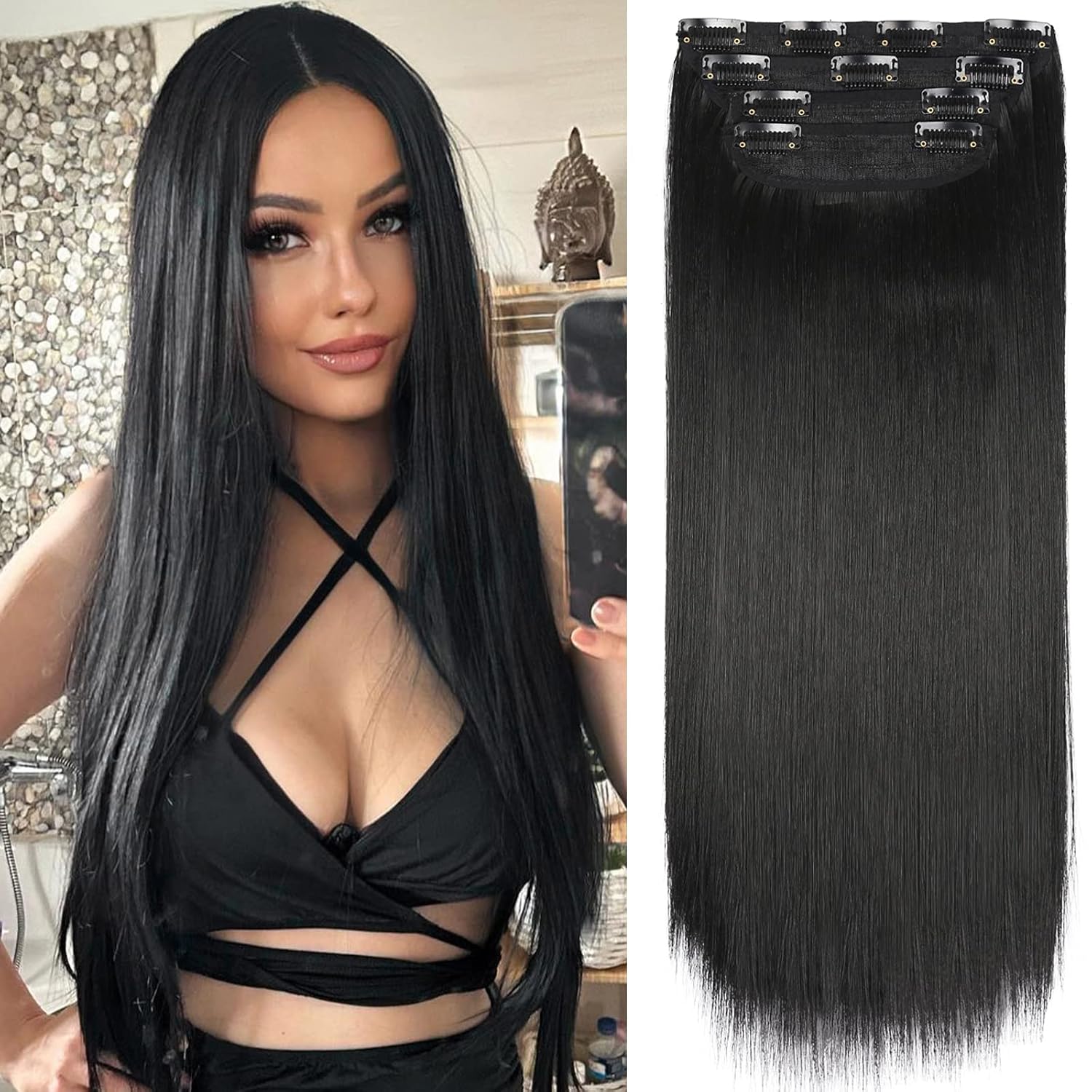 Black Hair Extensions Straight Clip in Hair Extensions Clip ins - Soft and Thick (20 Inches, 4Pcs, #1B)