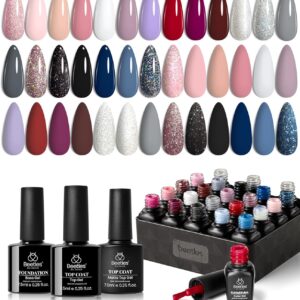 beetles Gel Polish Kit, Nude Gray Pink Blue Burgundy Glitter Gel Polish Set Modern Muse Collection with 3Pcs Base Matte Glossy Top Coat Soak off Uv Gel for Women