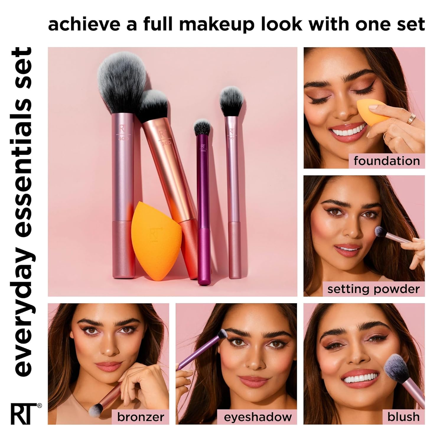 Real Techniques 6 Piece Everyday Essentials Makeup Brush Set, Includes 4 Brushes & 2 Makeup Sponges, For Foundation, Blush, Bronzer, Contour, Eyeshadow, & Powder, Travel Gift Set, Cruelty-Free & Vegan - Image 2