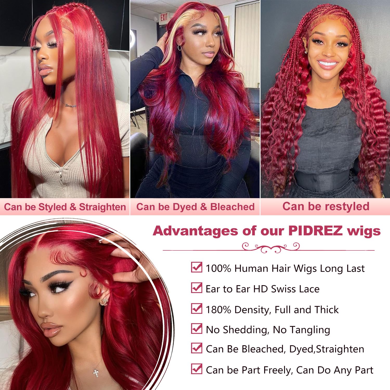 99j Burgundy Lace Front Wigs Human Hair 28 Inch 13x6 Body Wave Lace Front Wigs Human Hair Pre Plucked 180 Density HD Transparent Red Colored Wigs Human Hair for Women with Baby Hair - Image 6