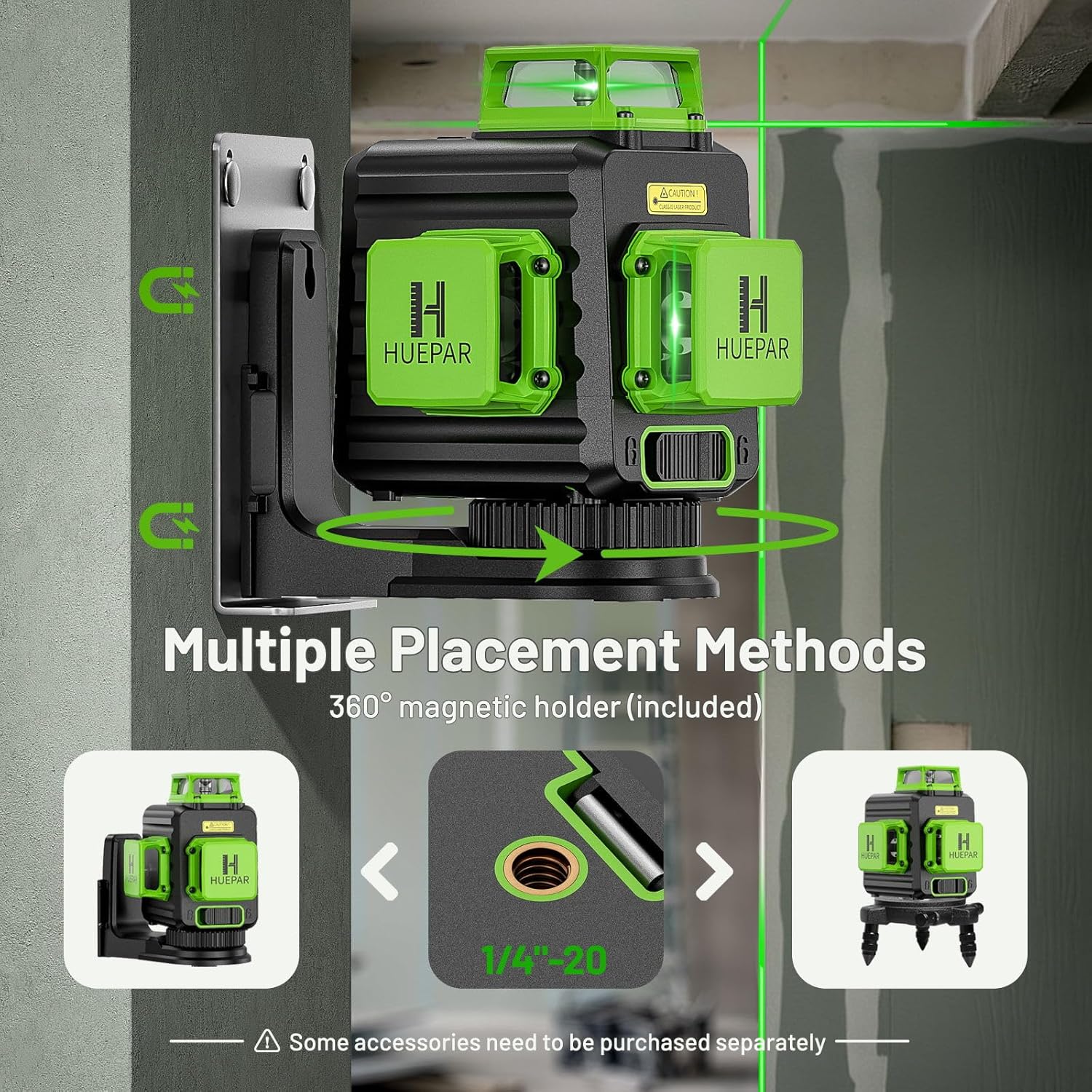 Laser Level 360 Self Leveling with 47" Tripod, Huepar 3x360° High Brightness Green Laser Leveler Tool for Construction, Tile and Picture Hanging, 5200 mAh Li-ion Battery & 2 Portable Bag Included - Image 8