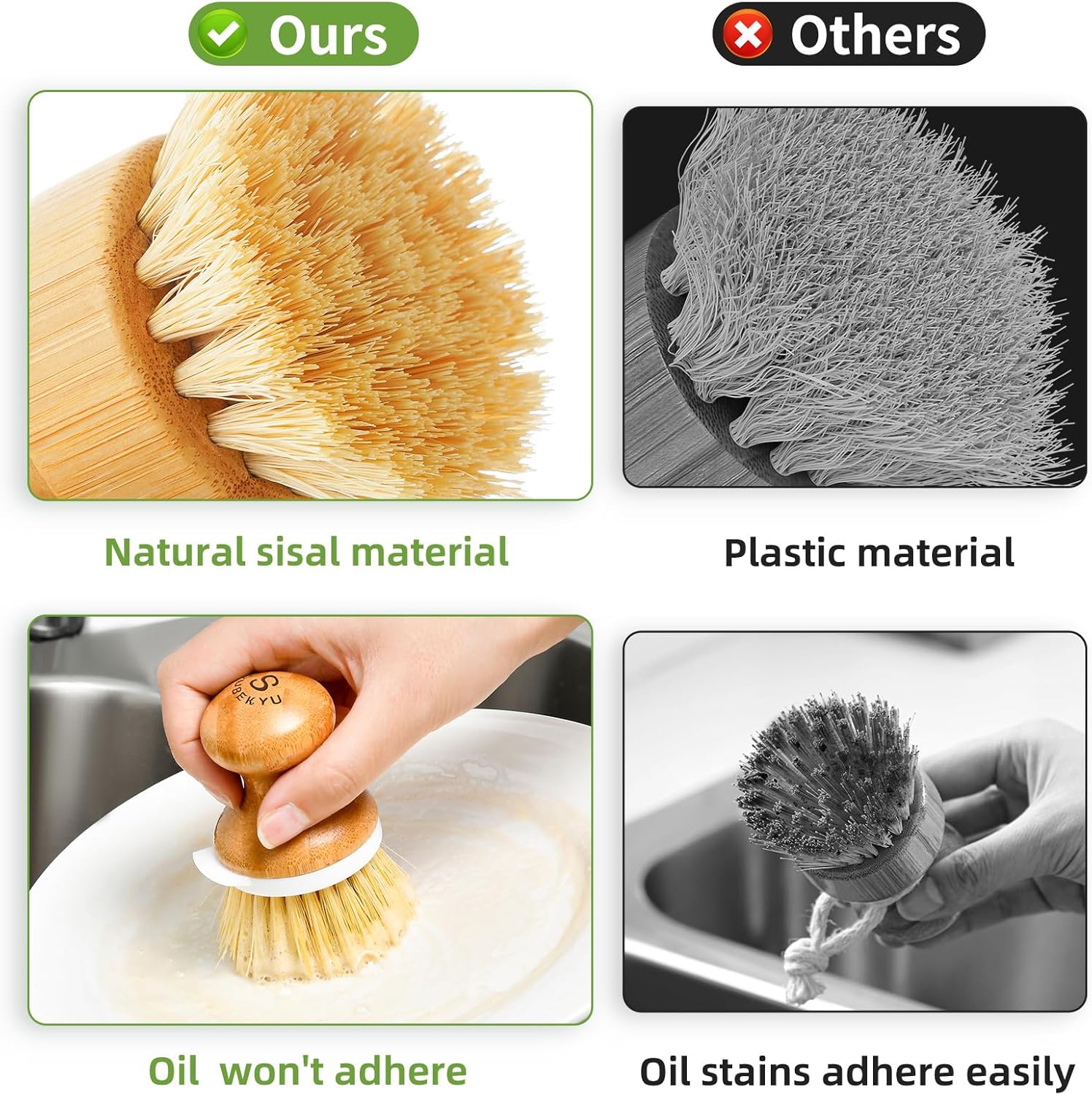 SUBEKYU Bamboo Dish Brush, Kitchen Dish Scrubber Brush with Soap Dispenser, Natural Wooden Dishwashing Brush for Cleaning Dishes/Pans/Pots, Built-in Scraper, Sisal Bristles,1 Set - Image 4